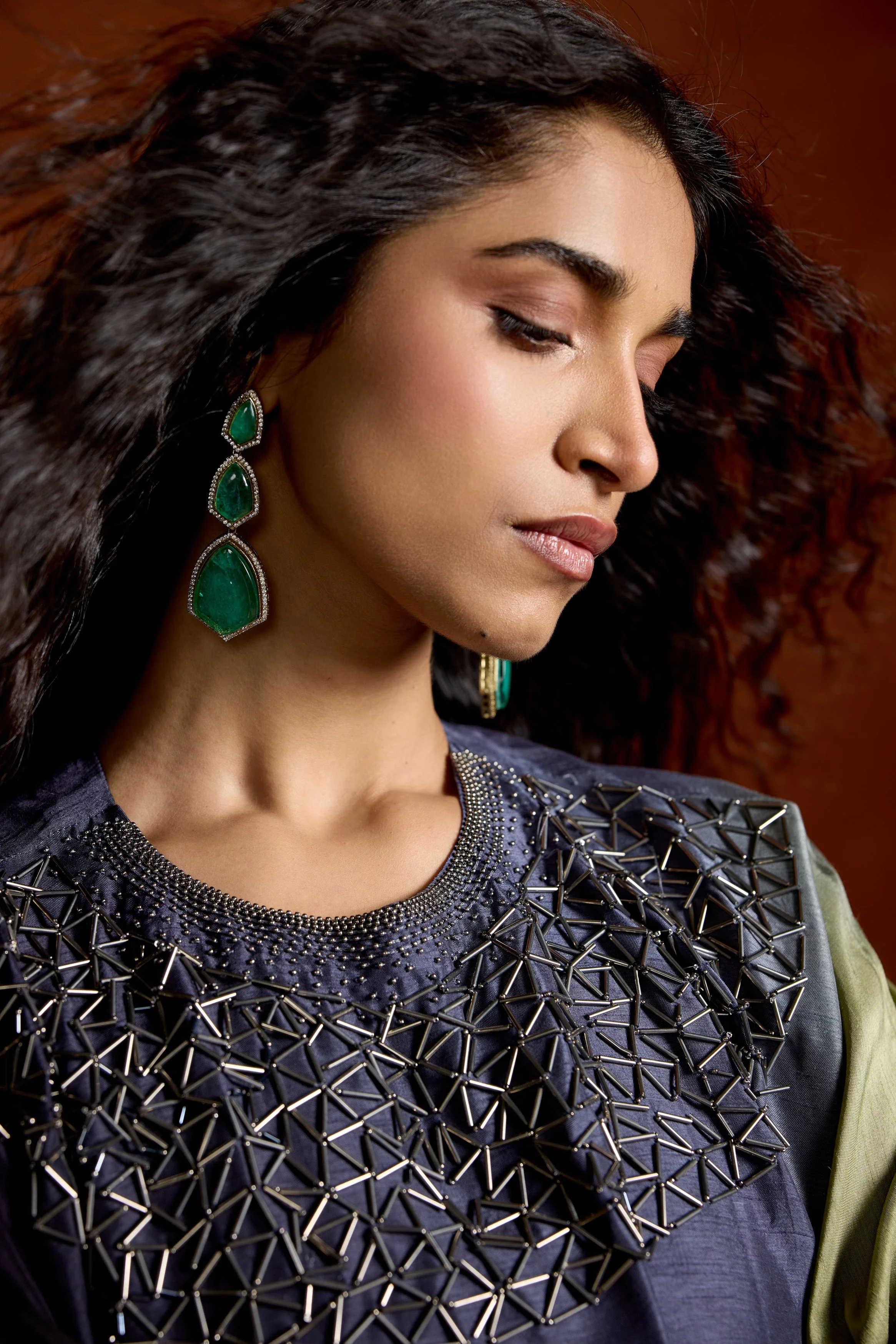 Navy Blue Embellished Raw Silk Kaftan Set - Image 3