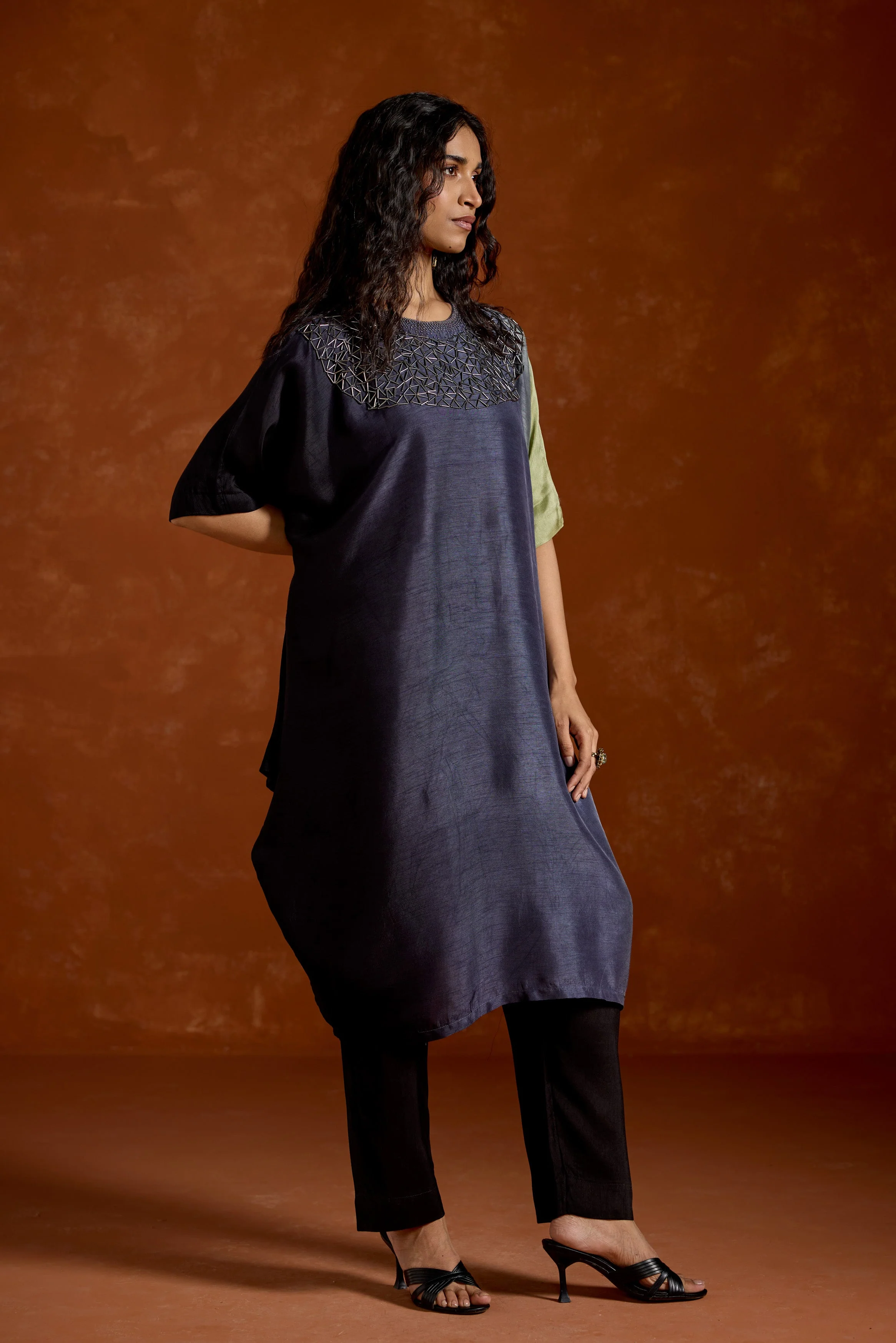 Navy Blue Embellished Raw Silk Kaftan Set - Image 4