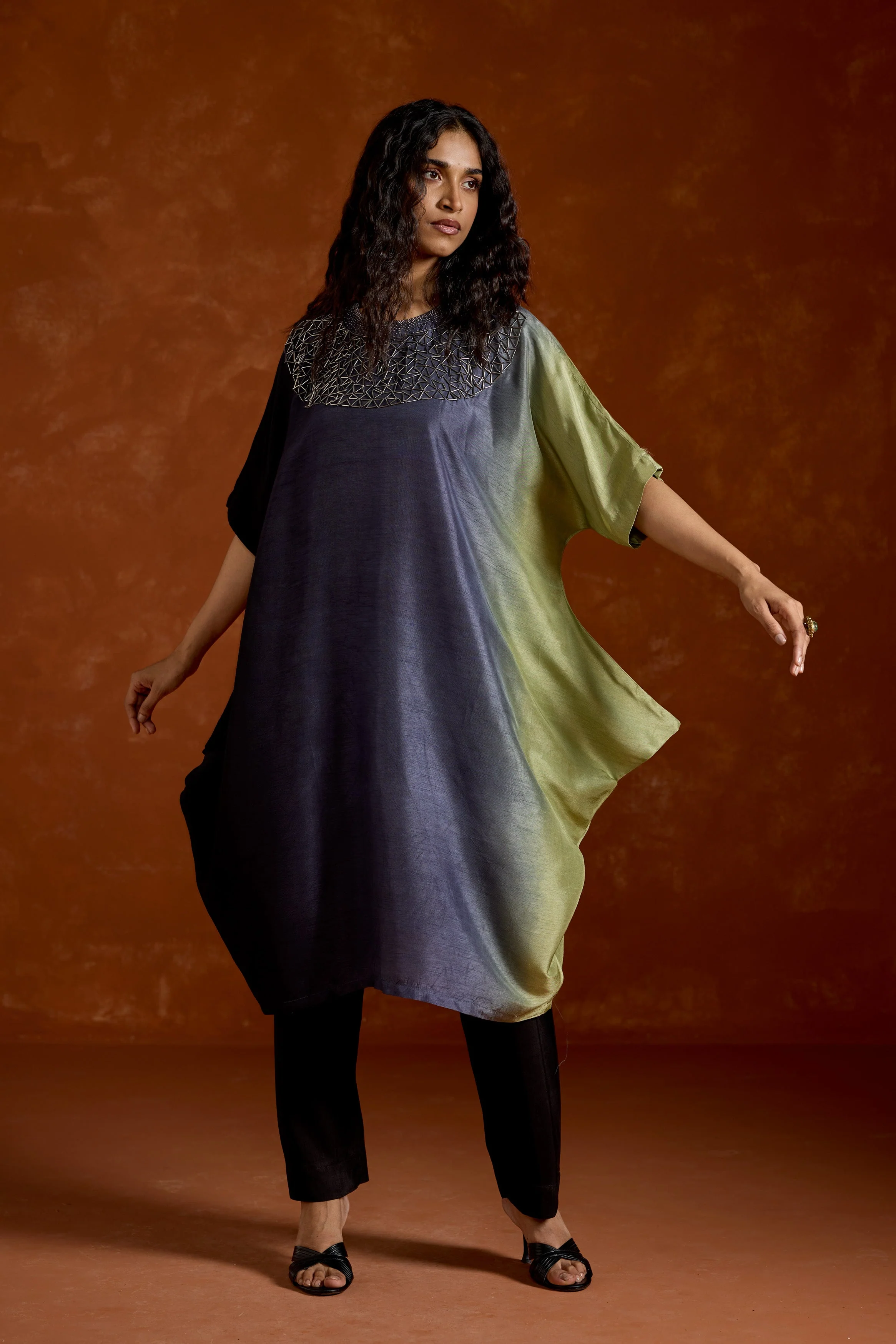 Navy Blue Embellished Raw Silk Kaftan Set - Image 5