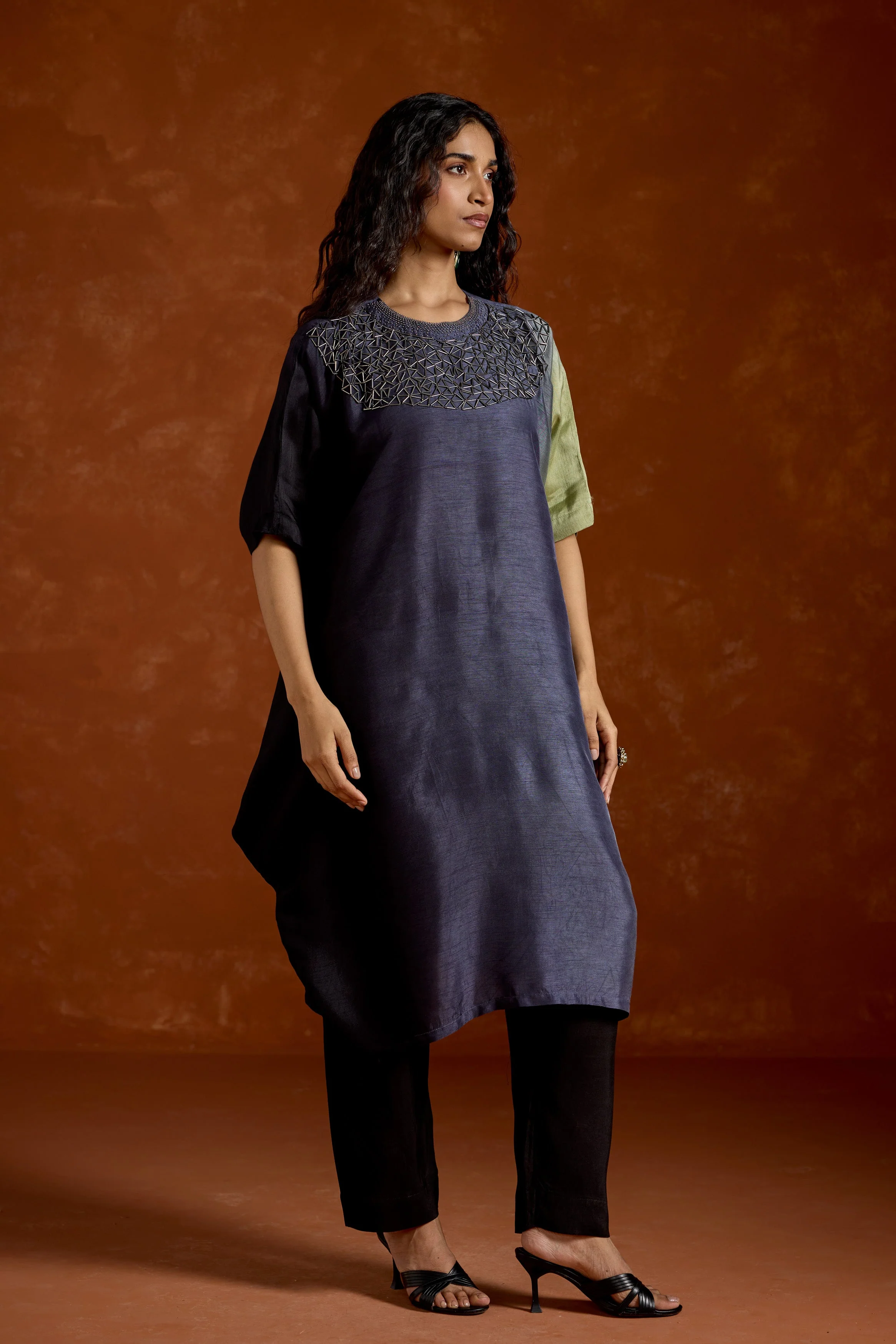 Navy Blue Embellished Raw Silk Kaftan Set - Image 6