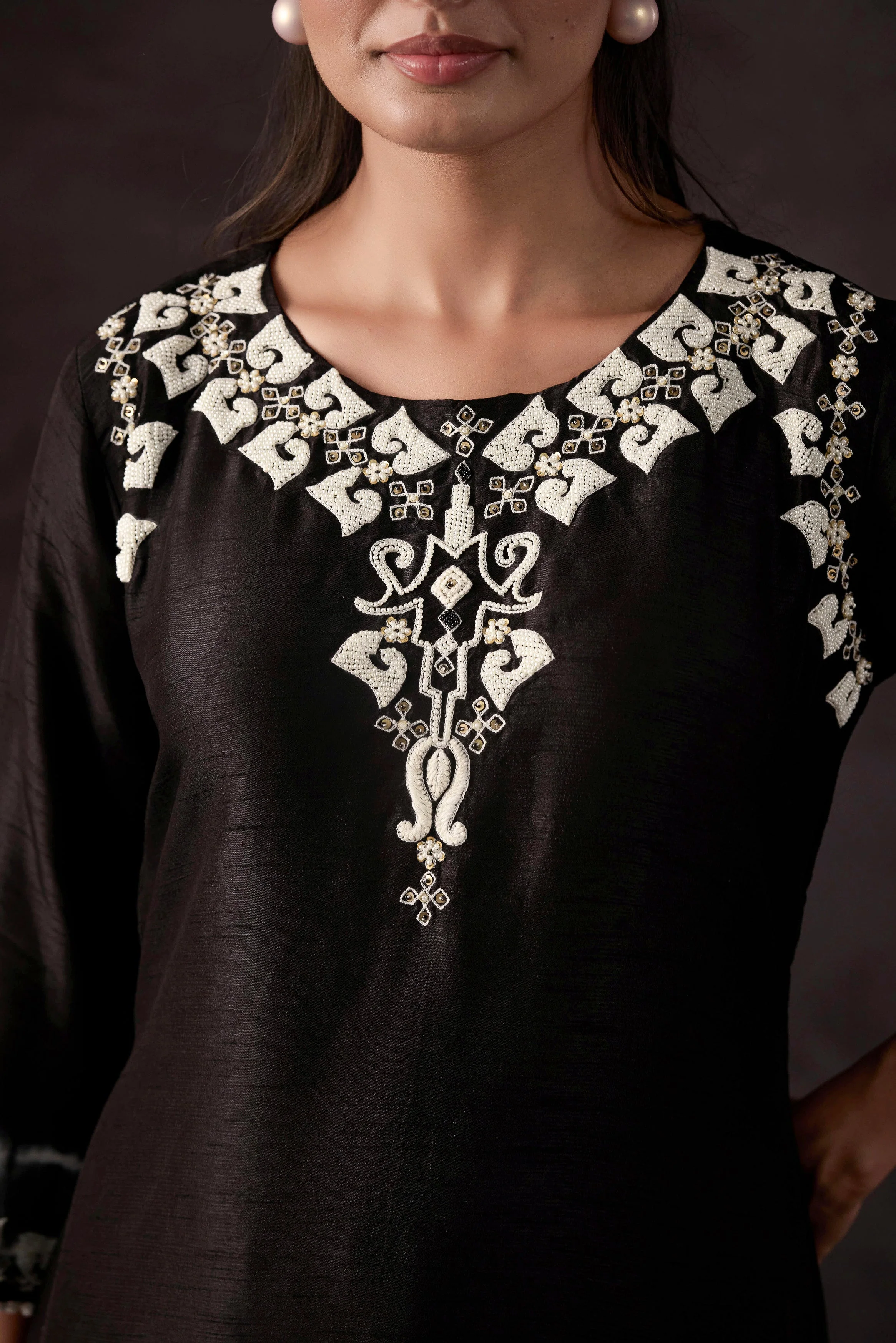 Black Embellished Raw Silk Kurta Set - Image 2