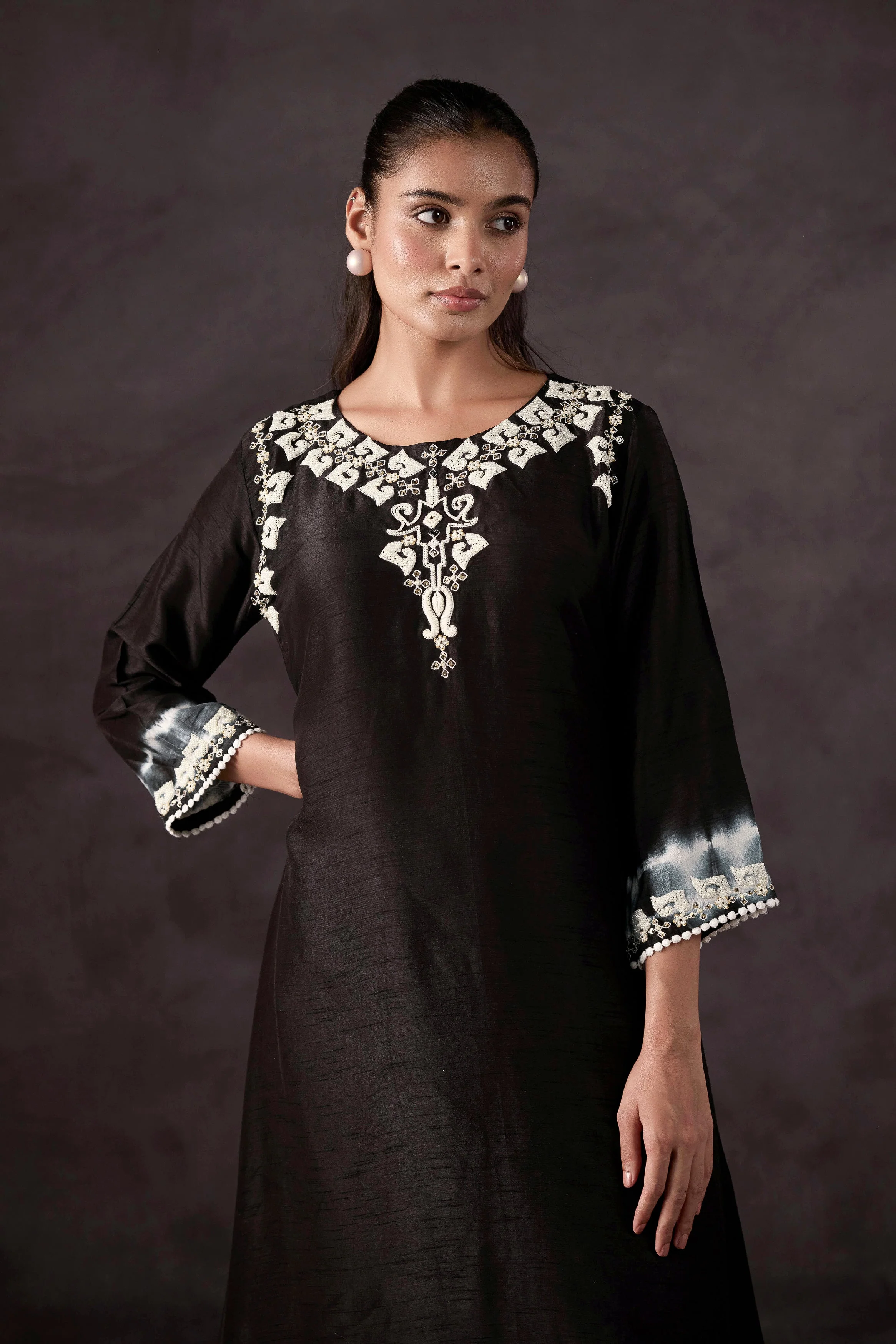Black Embellished Raw Silk Kurta Set - Image 3