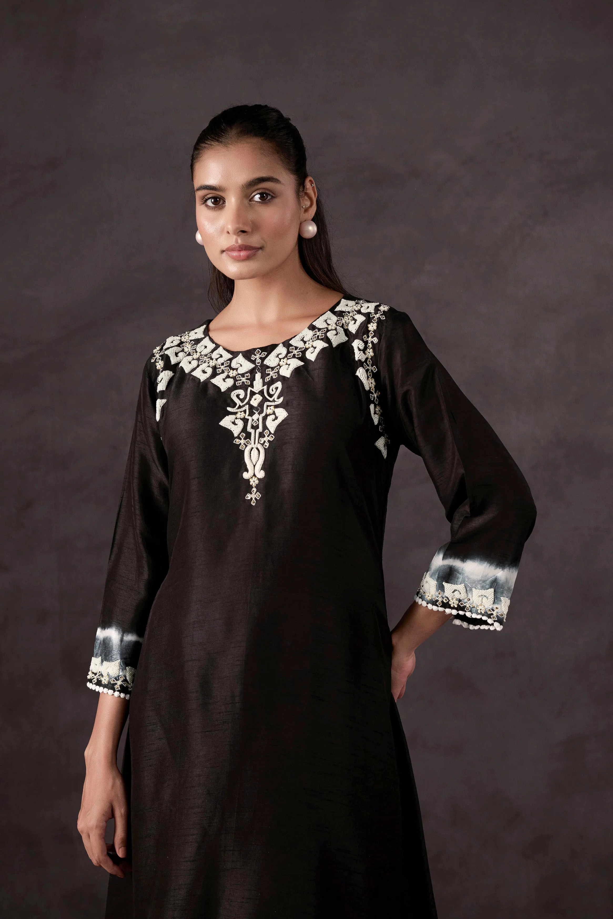 Black Embellished Raw Silk Kurta Set - Image 4