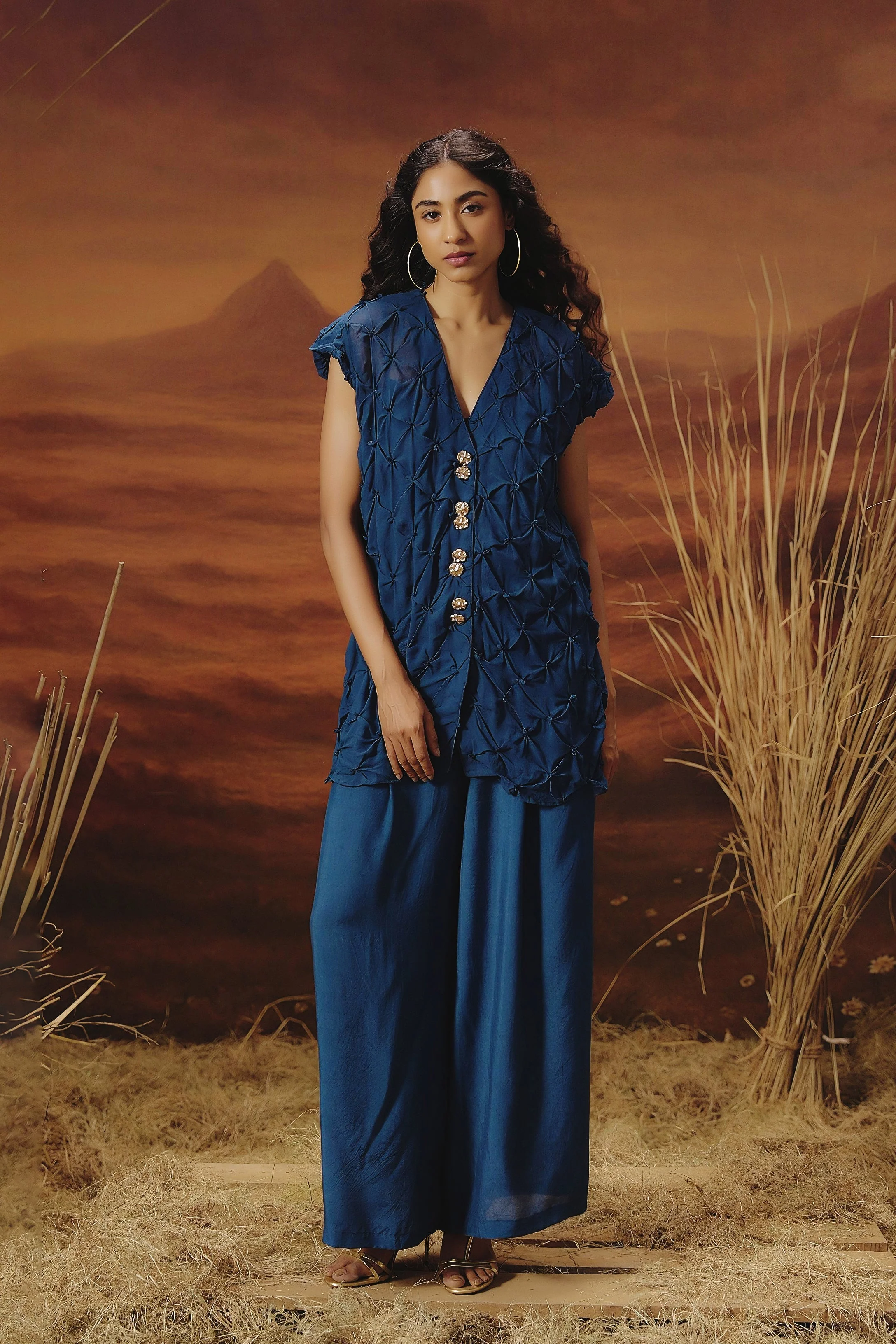 Royal Blue Embroidered Georgette Silk Co-Ord Set - Image 4