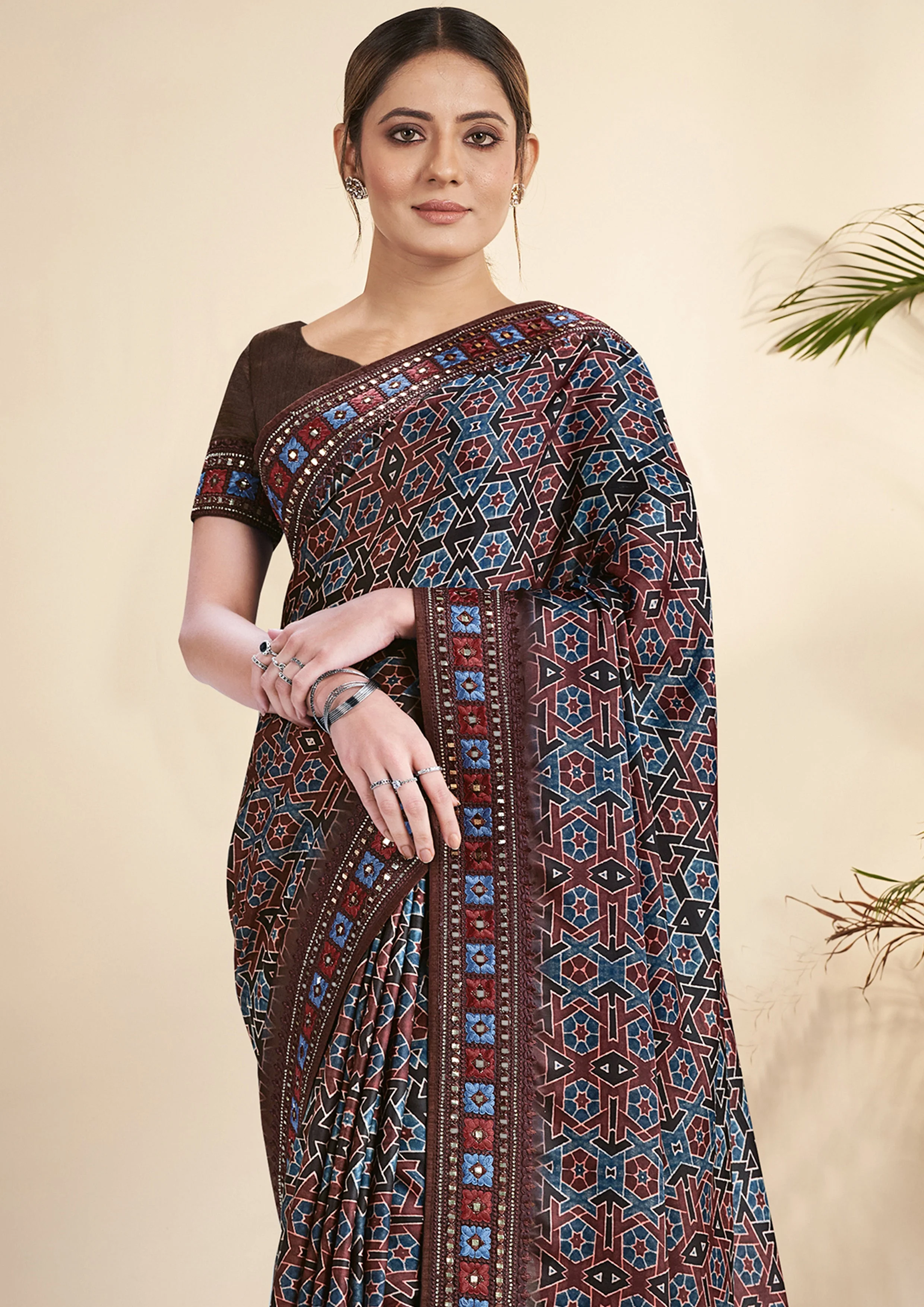 Dark Brown Printed Gajji Silk Saree - Image 2