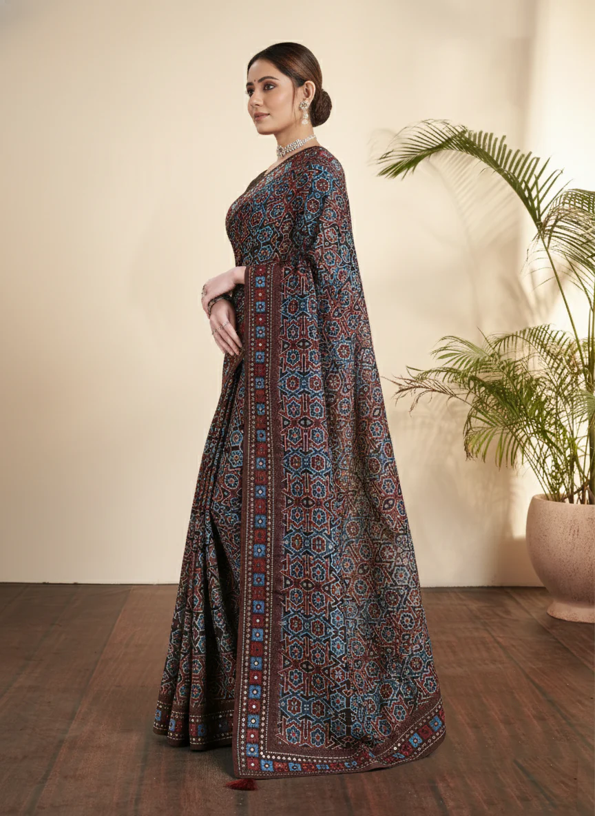 Dark Brown Printed Gajji Silk Saree - Image 4