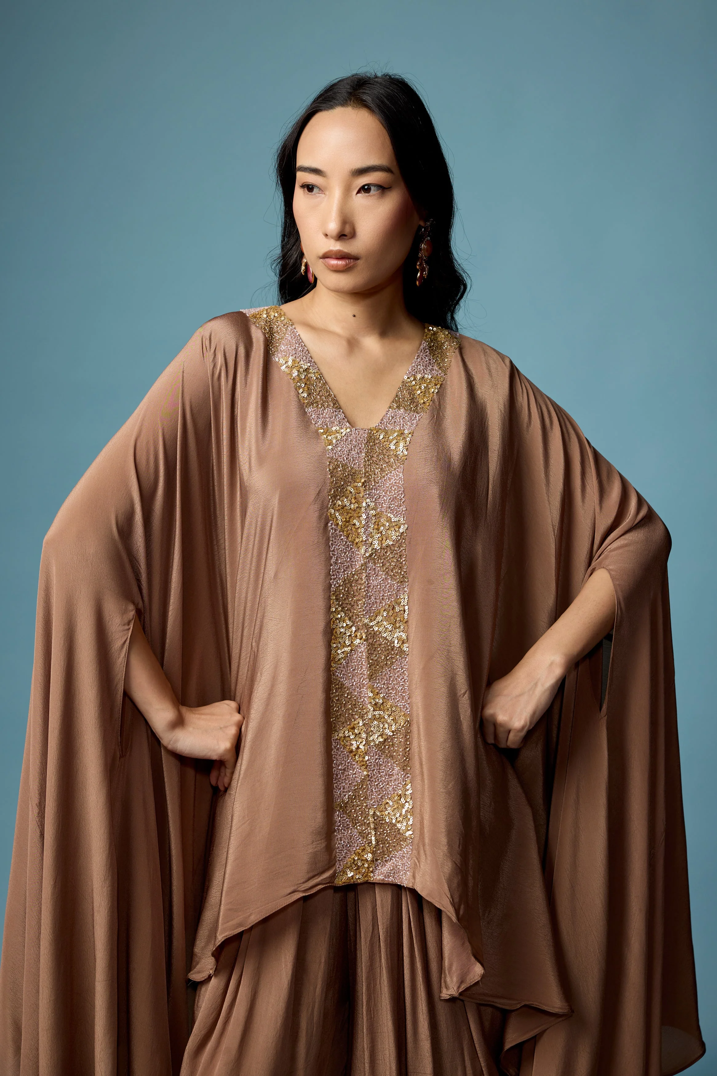 Earthy Brown Embellished Satin Silk Dhoti Set - Image 3