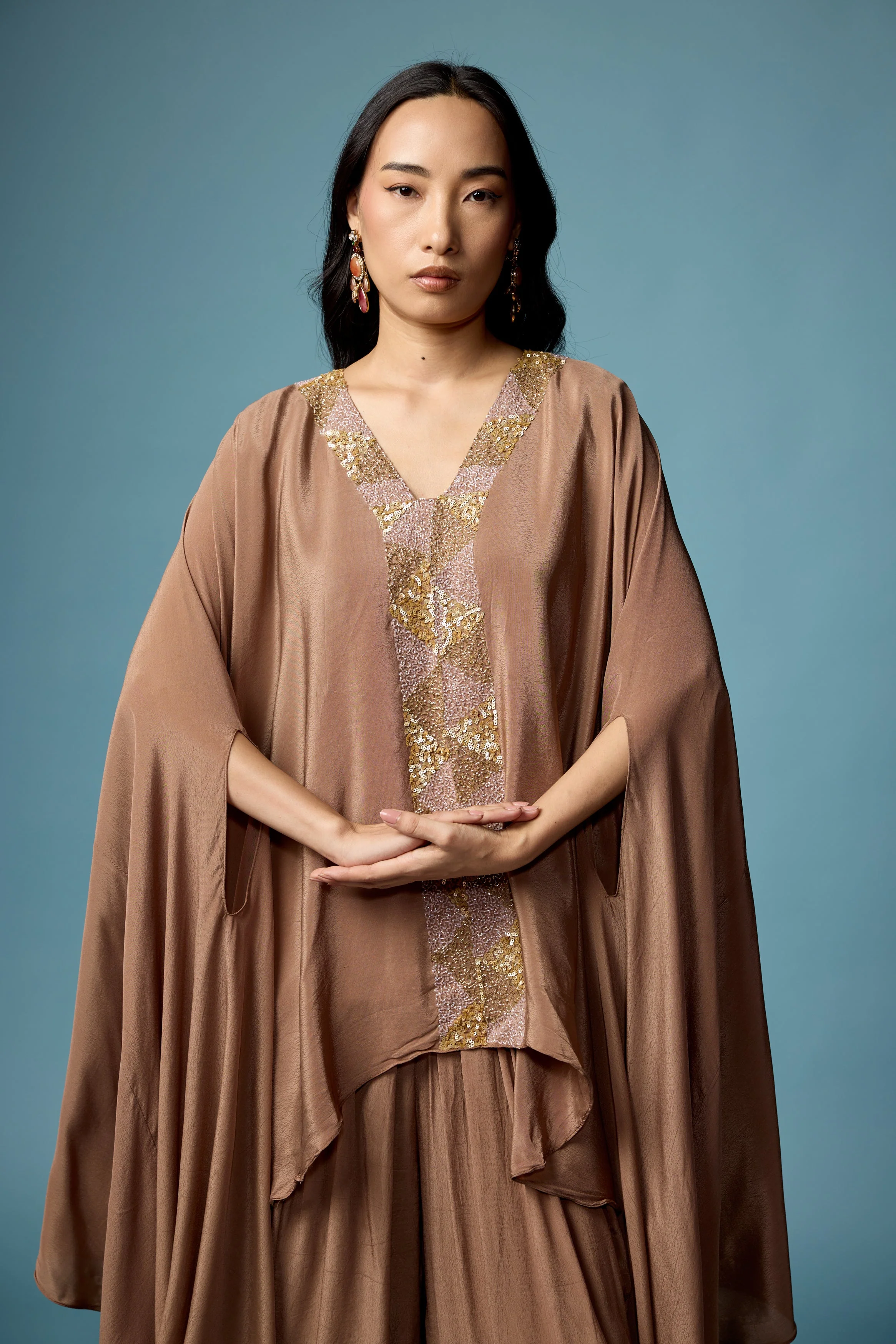 Earthy Brown Embellished Satin Silk Dhoti Set - Image 4