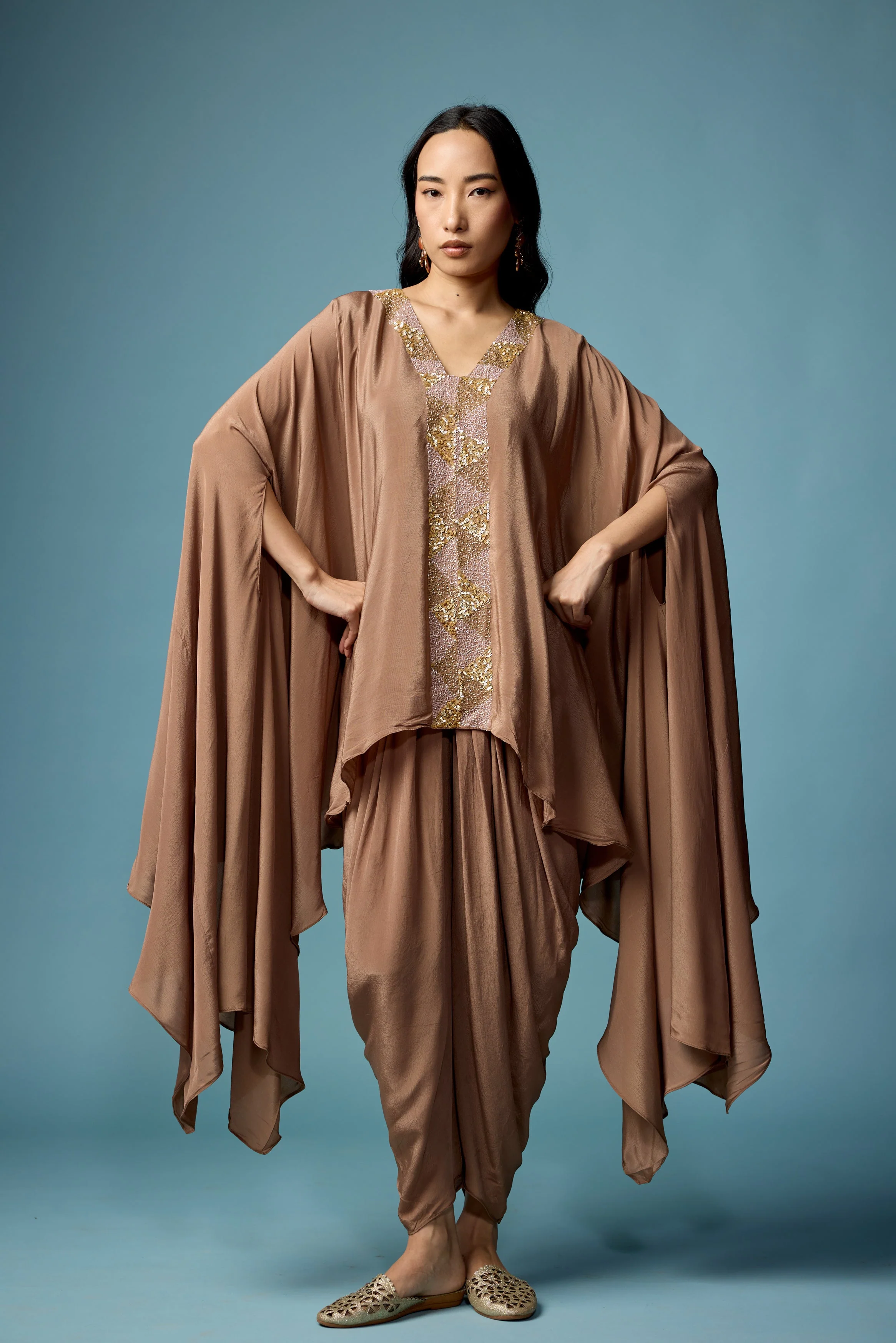 Earthy Brown Embellished Satin Silk Dhoti Set - Image 5