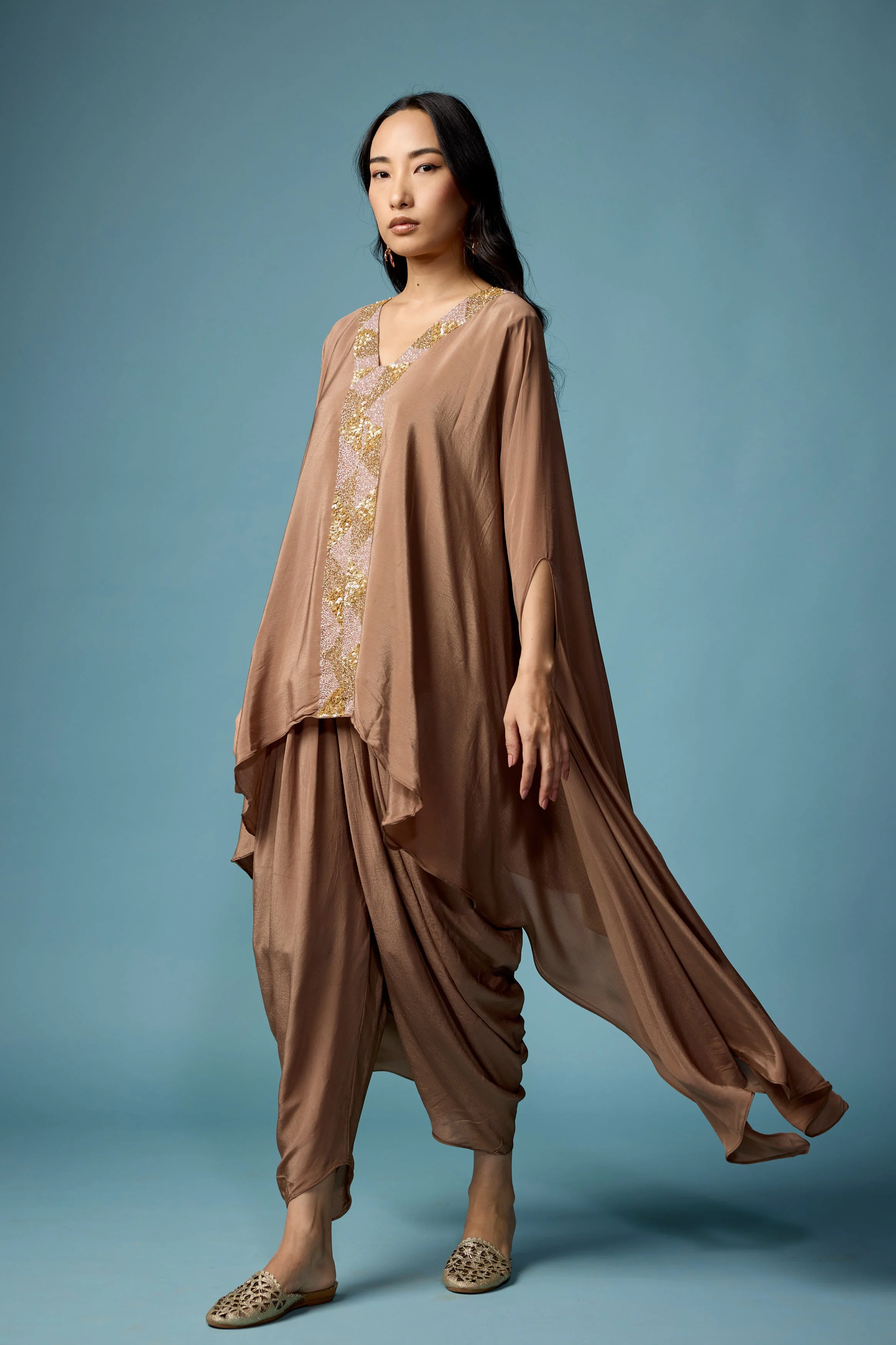 Earthy Brown Embellished Satin Silk Dhoti Set - Image 6