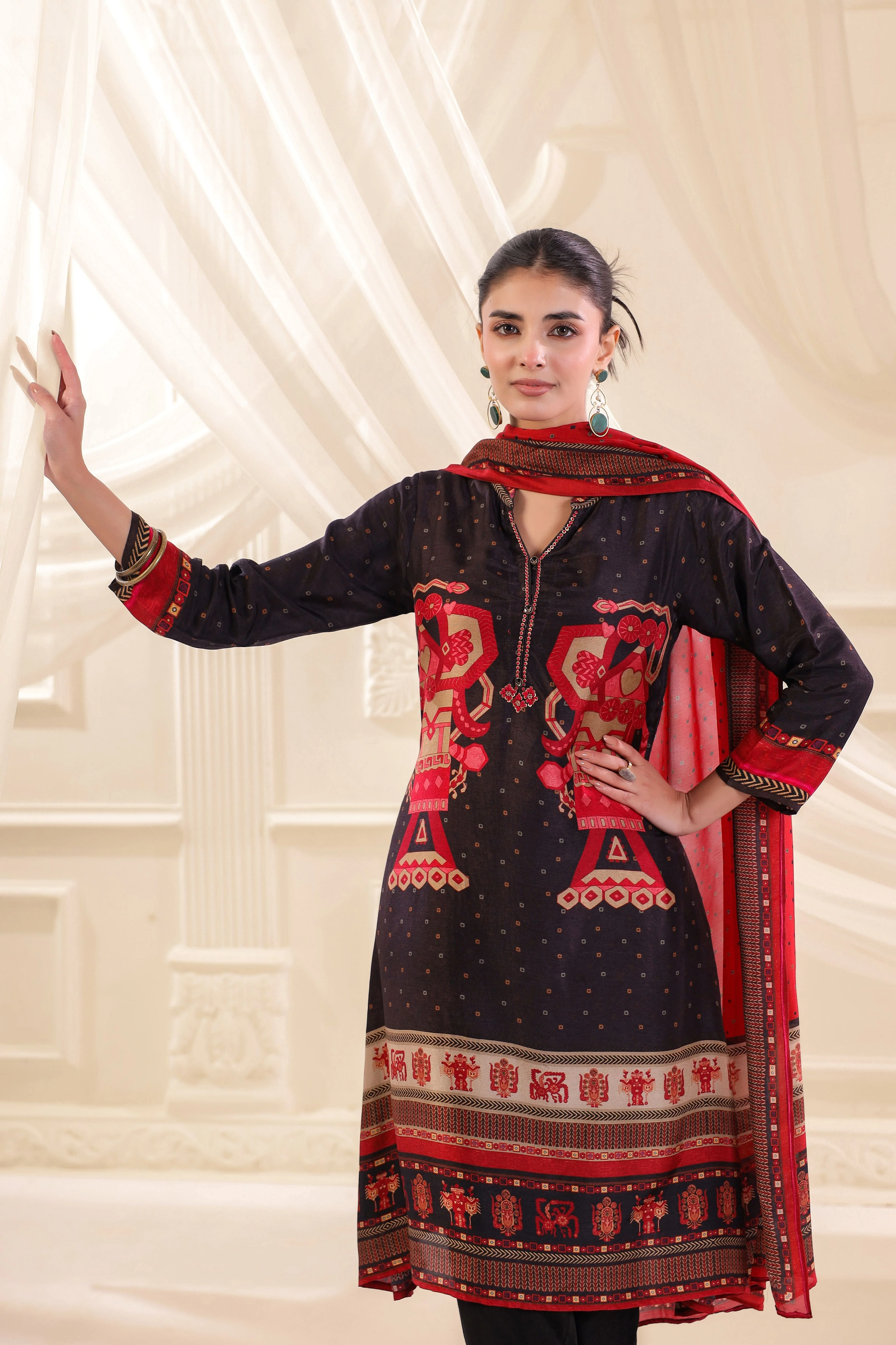 Dark Charcoal Printed Premium Silk Pant Set - Image 2