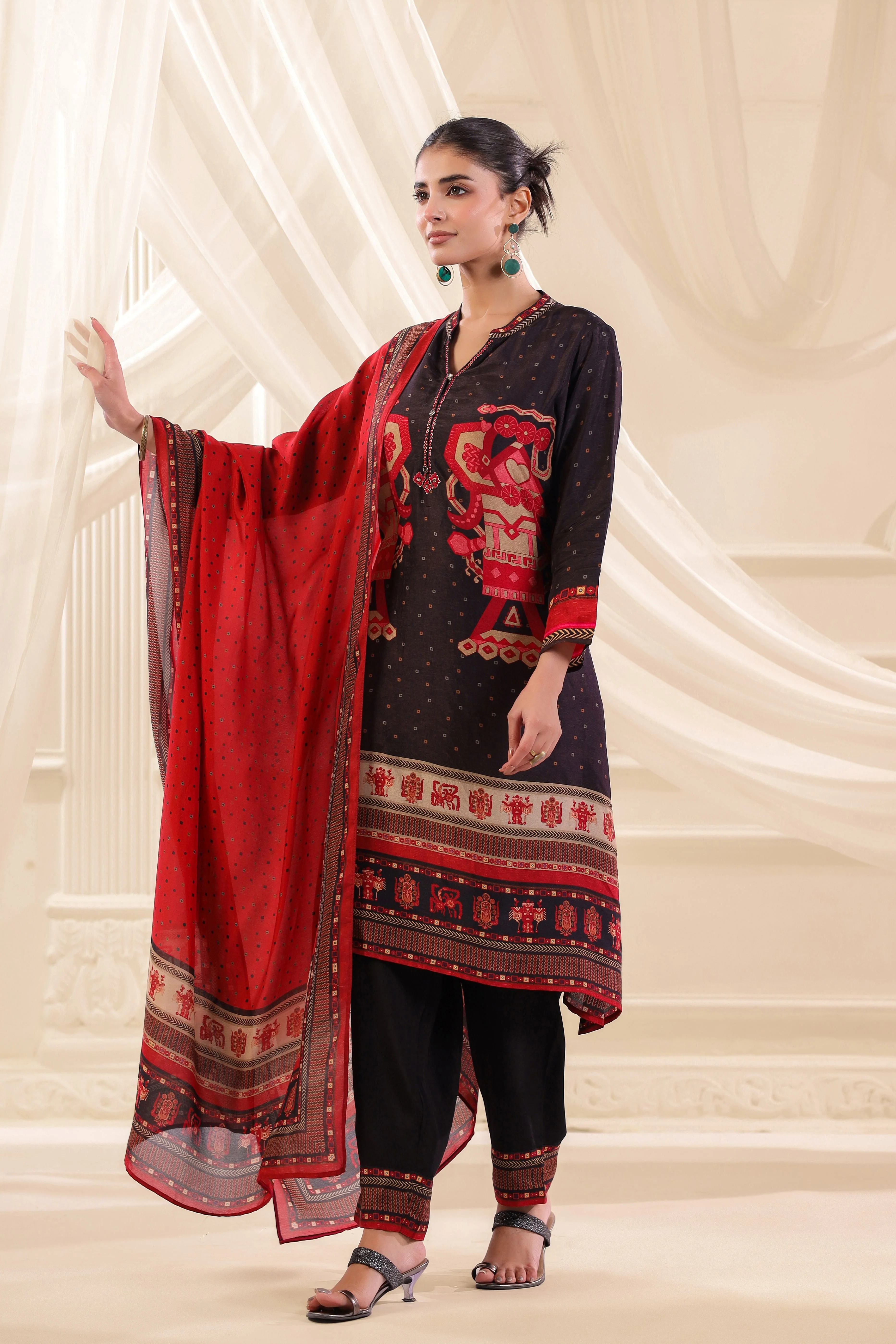Dark Charcoal Printed Premium Silk Pant Set - Image 3