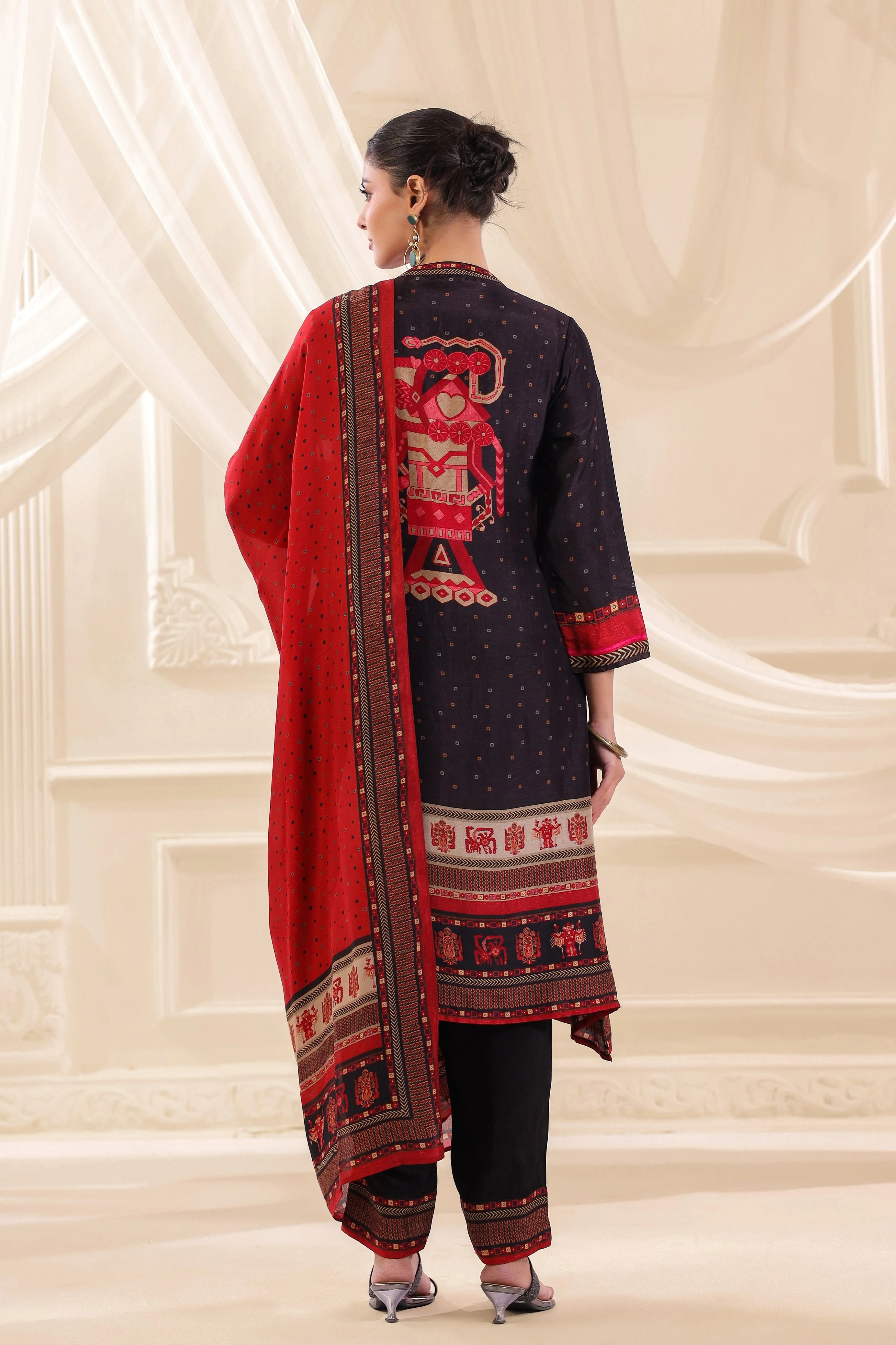 Dark Charcoal Printed Premium Silk Pant Set - Image 4