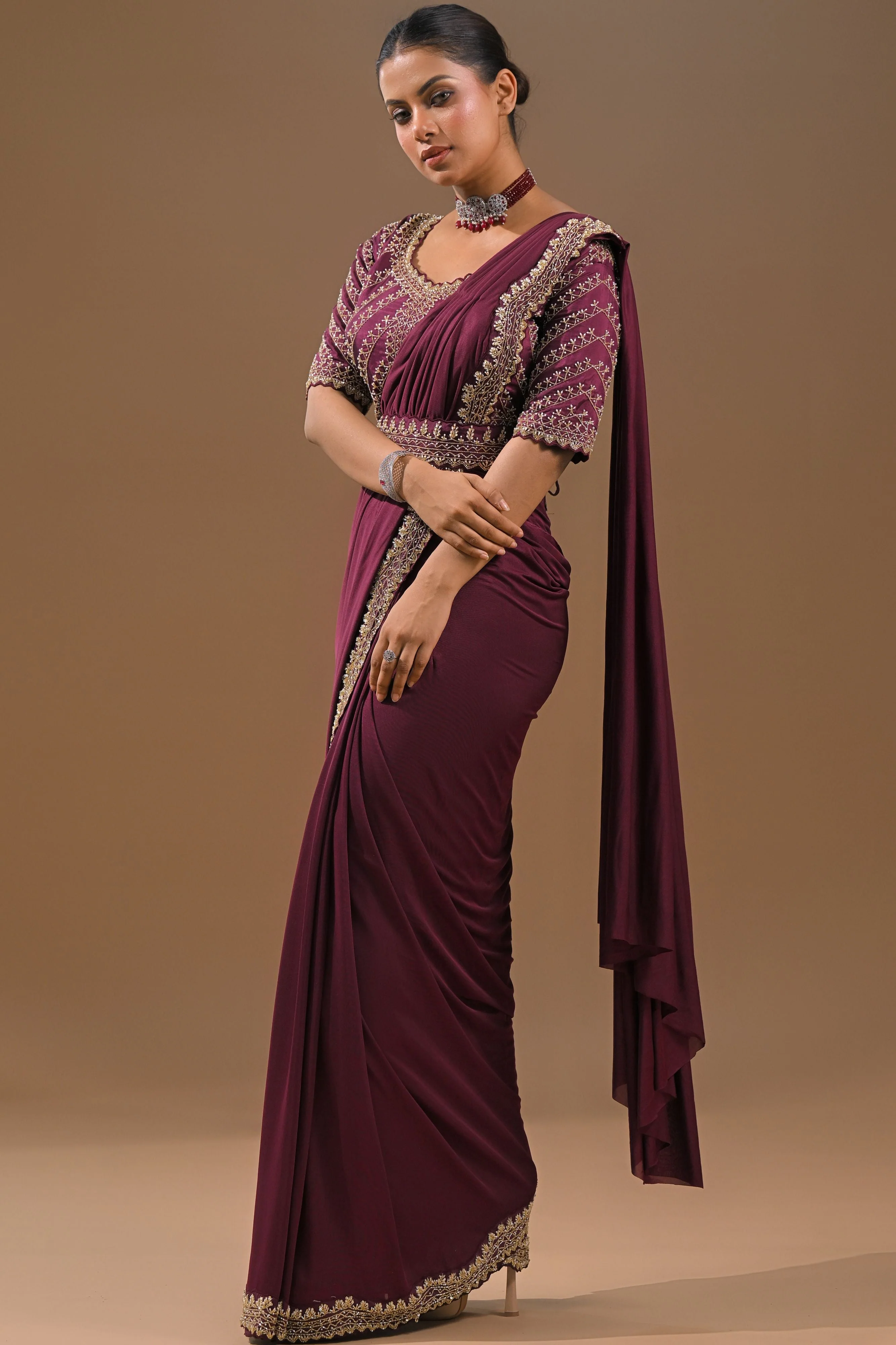 Dark Fuchsia Embellished Pleated Saree - Image 3