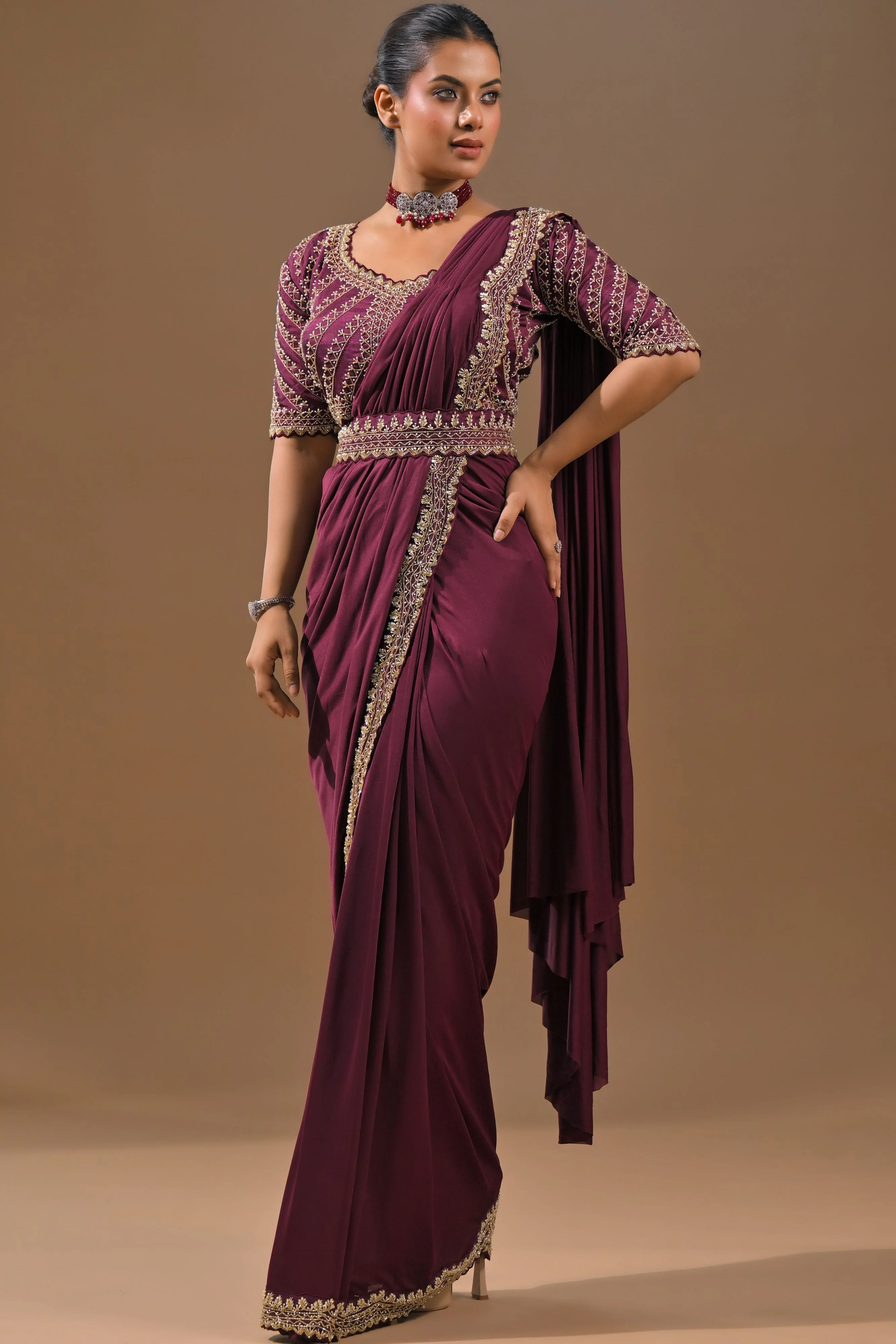 Dark Fuchsia Embellished Pleated Saree - Image 4