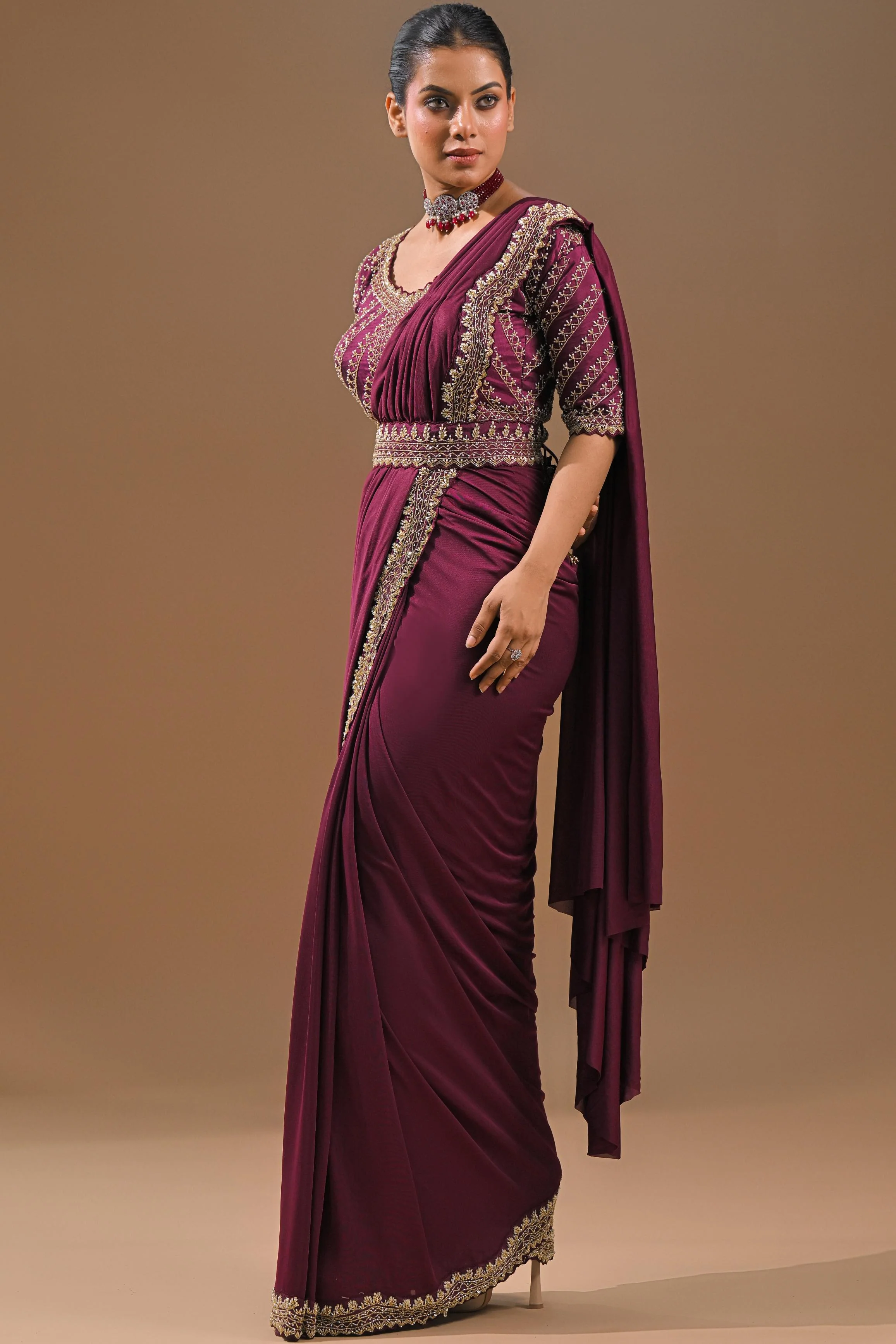 Dark Fuchsia Embellished Pleated Saree - Image 5