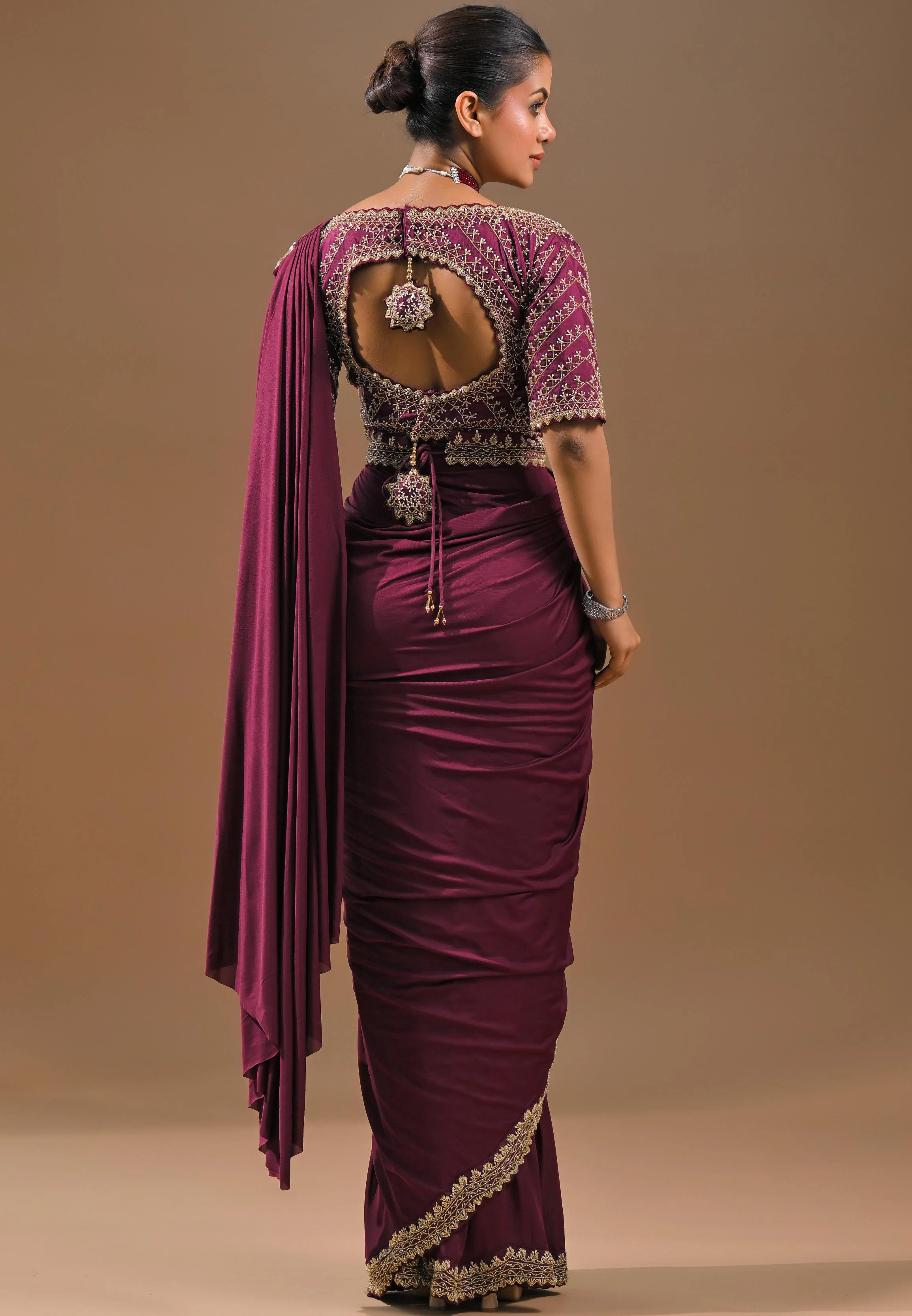 Dark Fuchsia Embellished Pleated Saree - Image 6