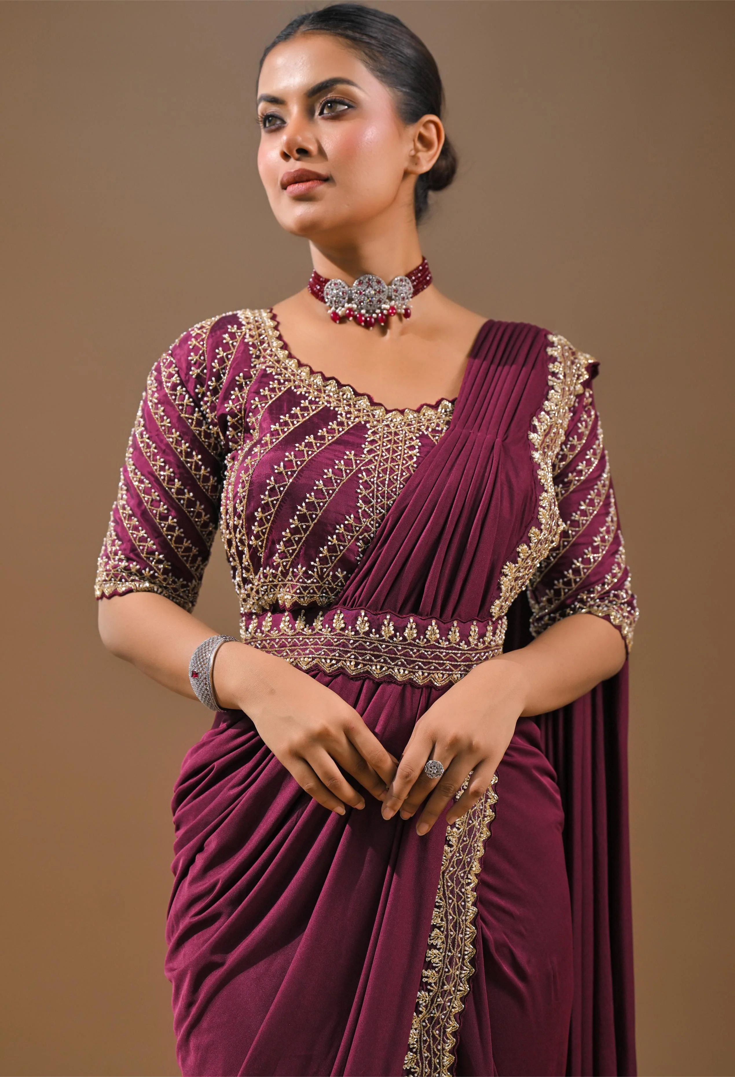 Dark Fuchsia Embellished Pleated Saree - Image 7