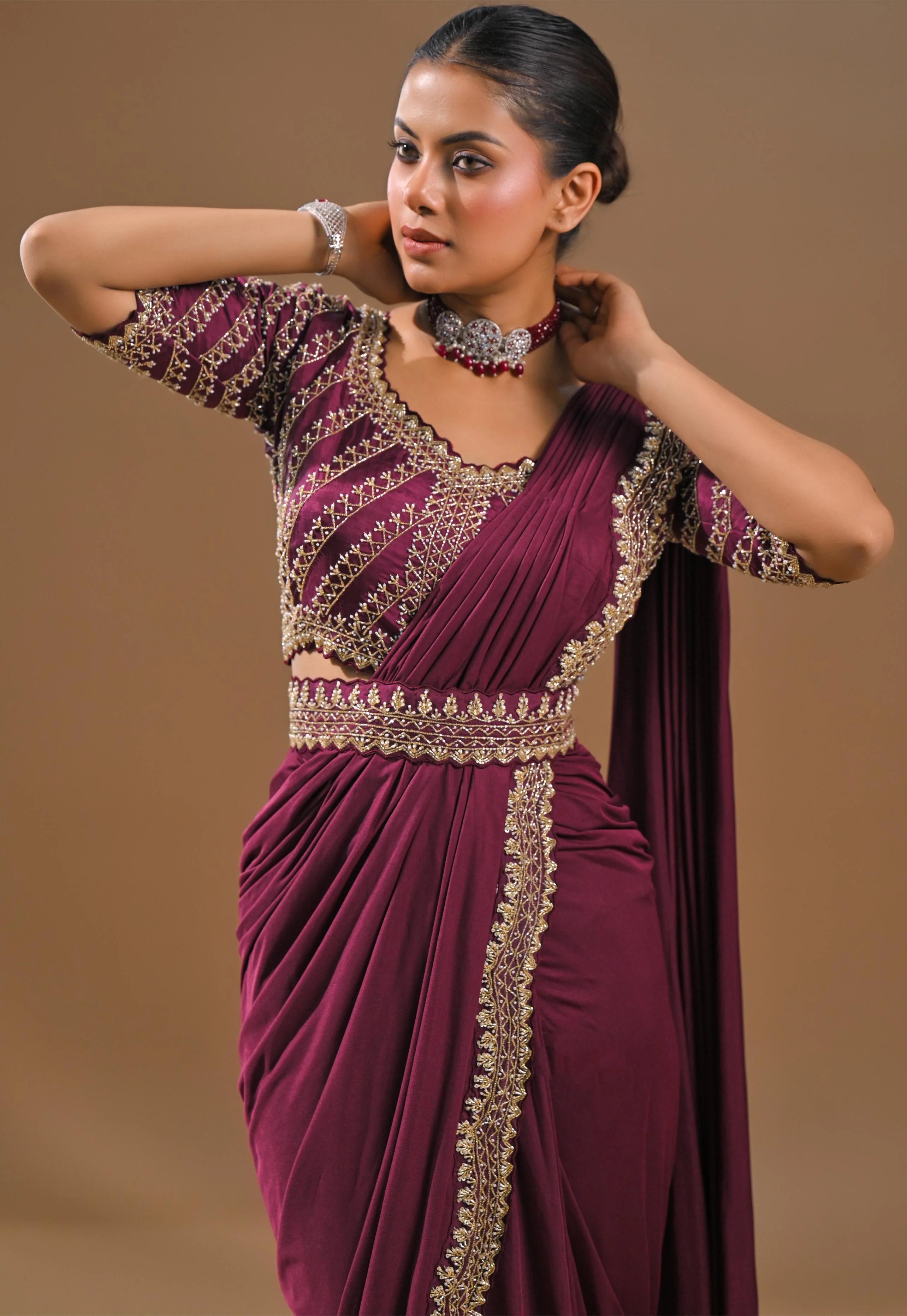 Dark Fuchsia Embellished Pleated Saree - Image 8