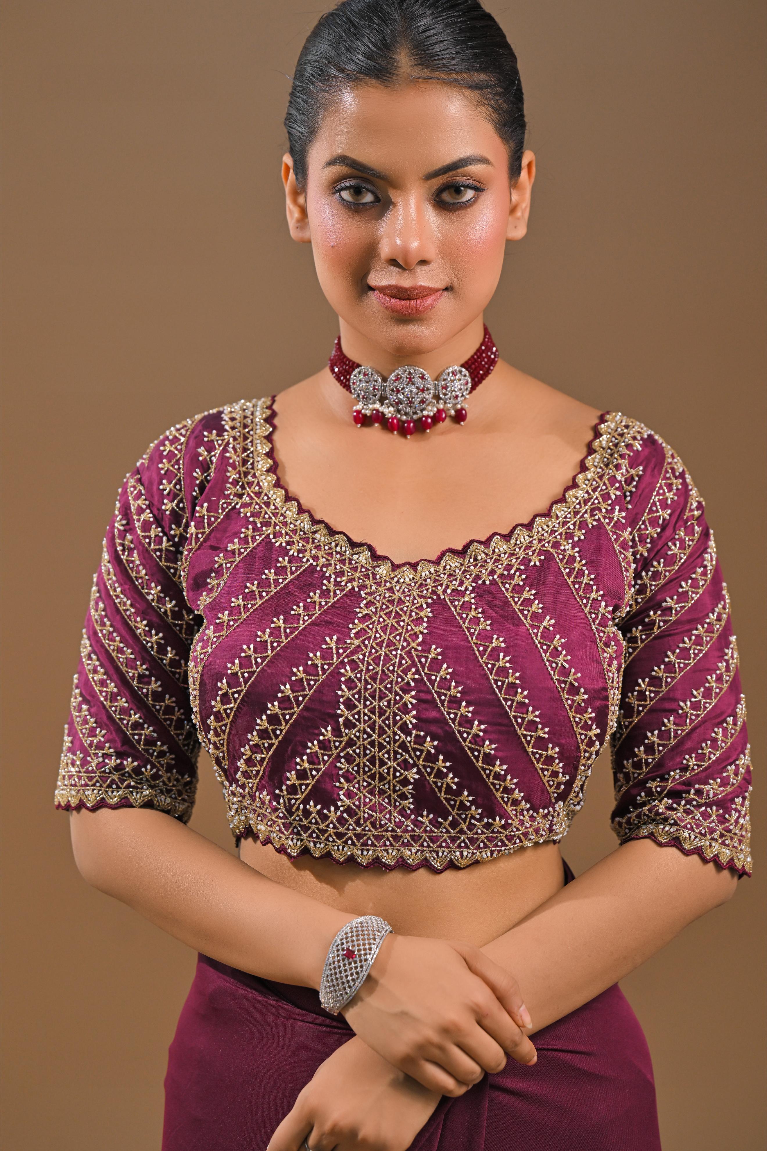 Dark Fuchsia Embellished Pleated Saree - Image 9