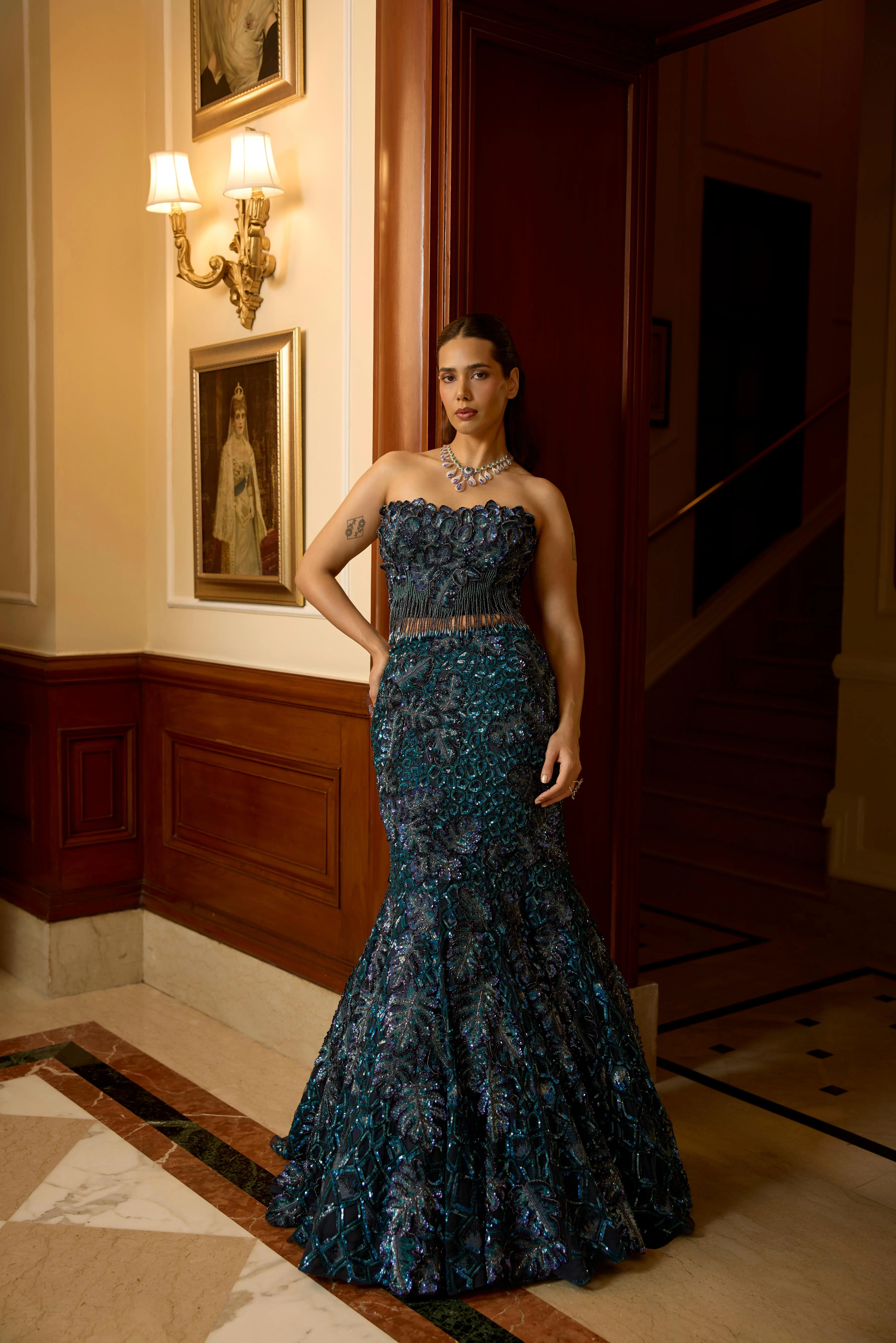 Peacock Teal Embellished Premium Mermaid Lehenga Set - Image 4