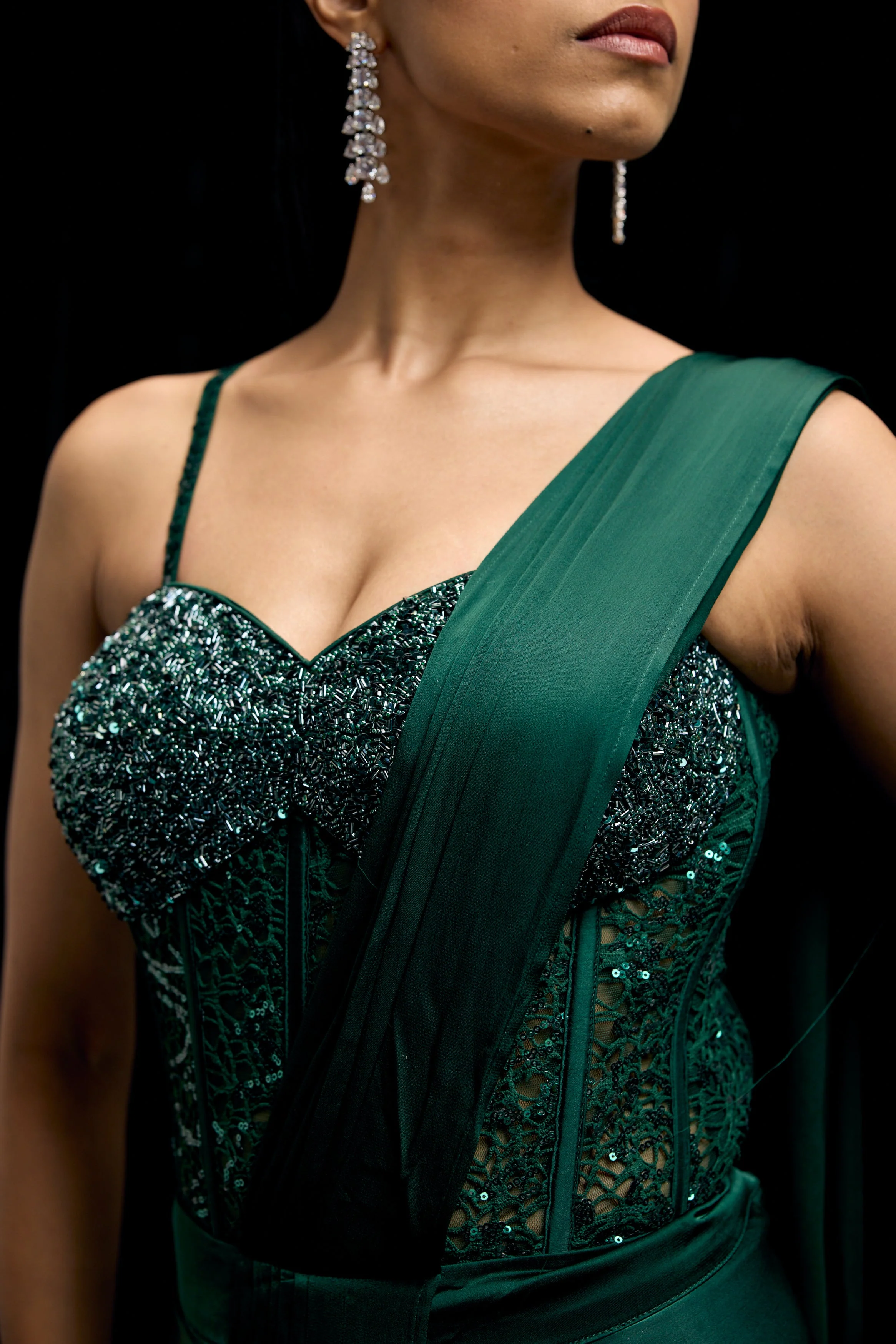 Emerald Green Embellished Satin Silk Draped Saree - Image 2
