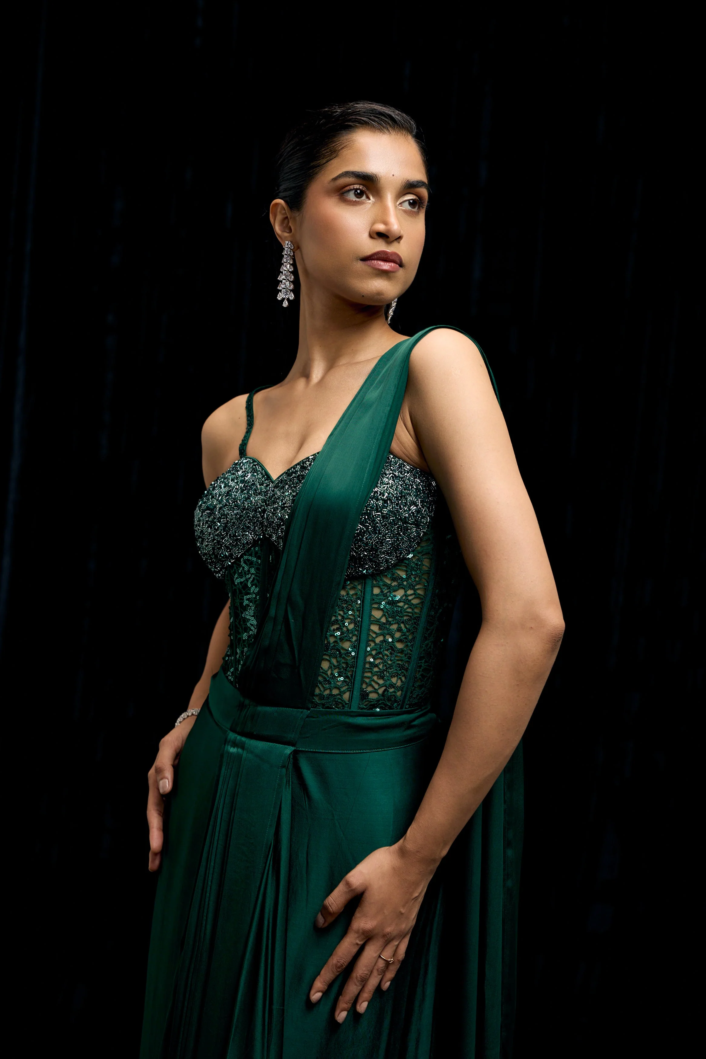 Emerald Green Embellished Satin Silk Draped Saree - Image 3