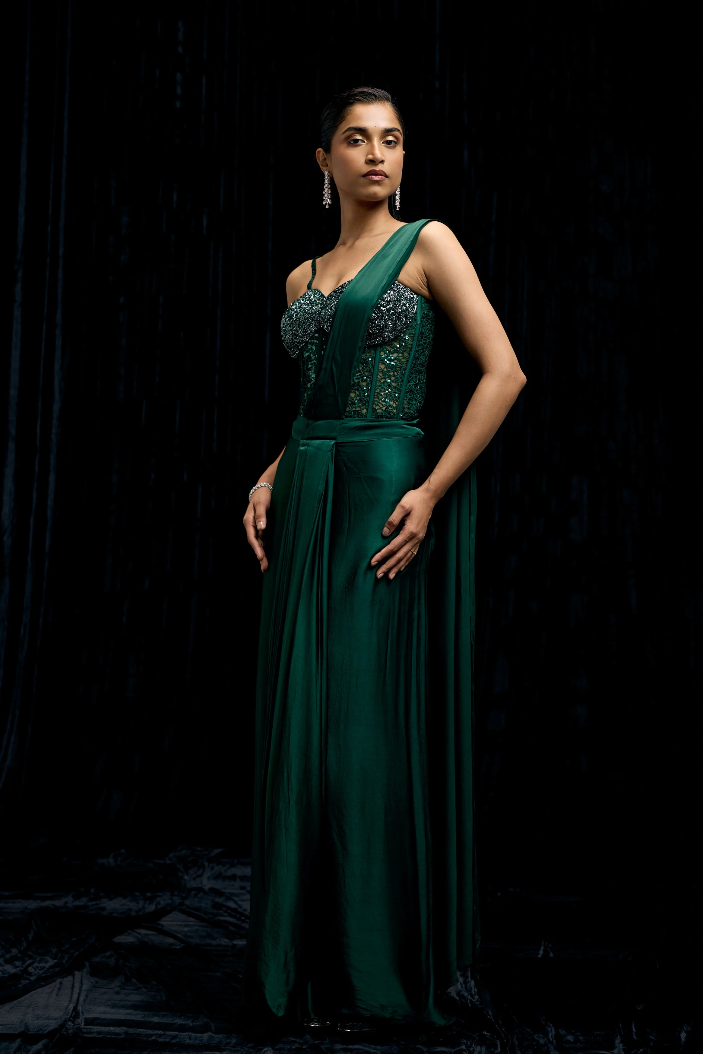Emerald Green Embellished Satin Silk Draped Saree - Image 4