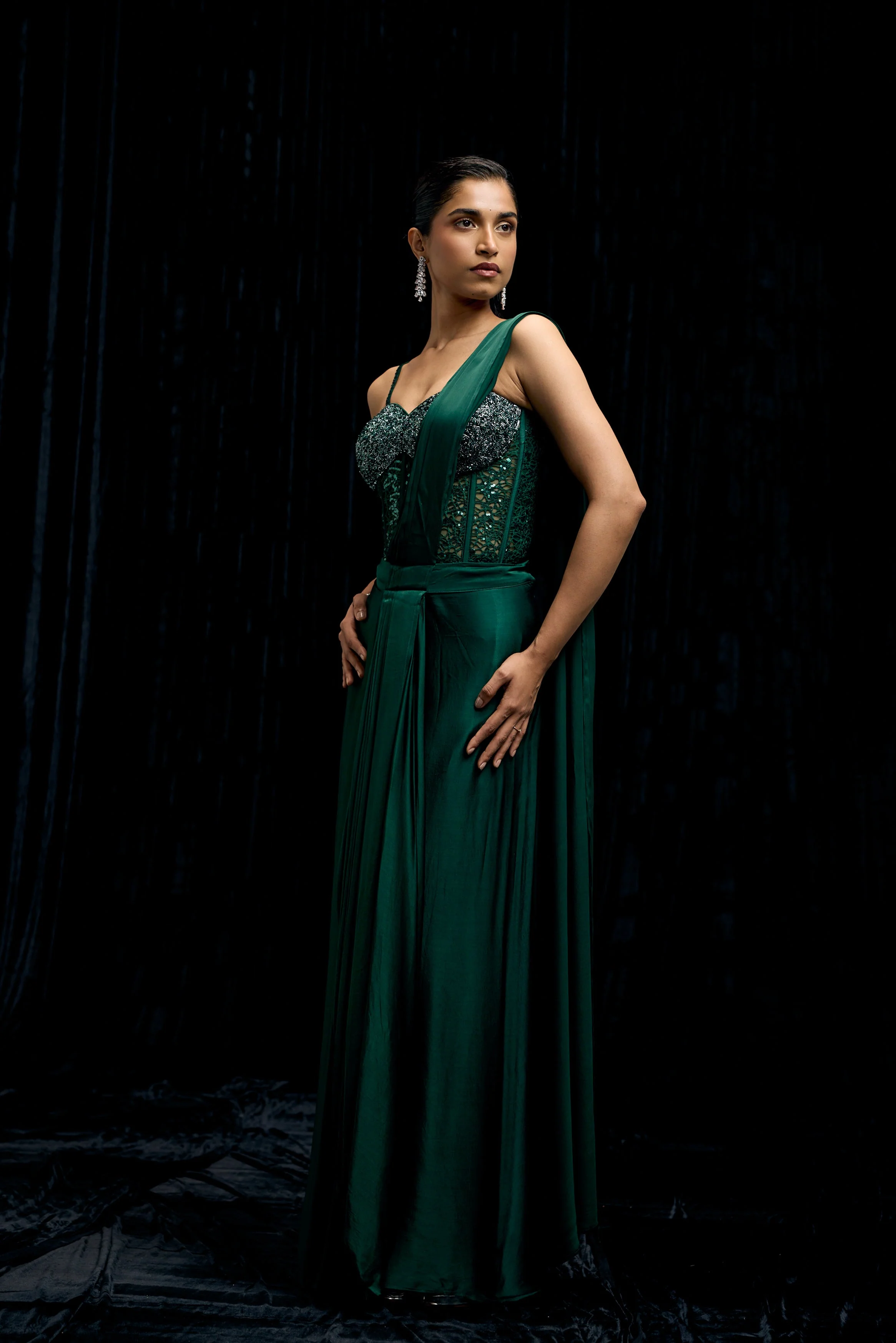 Emerald Green Embellished Satin Silk Draped Saree - Image 5
