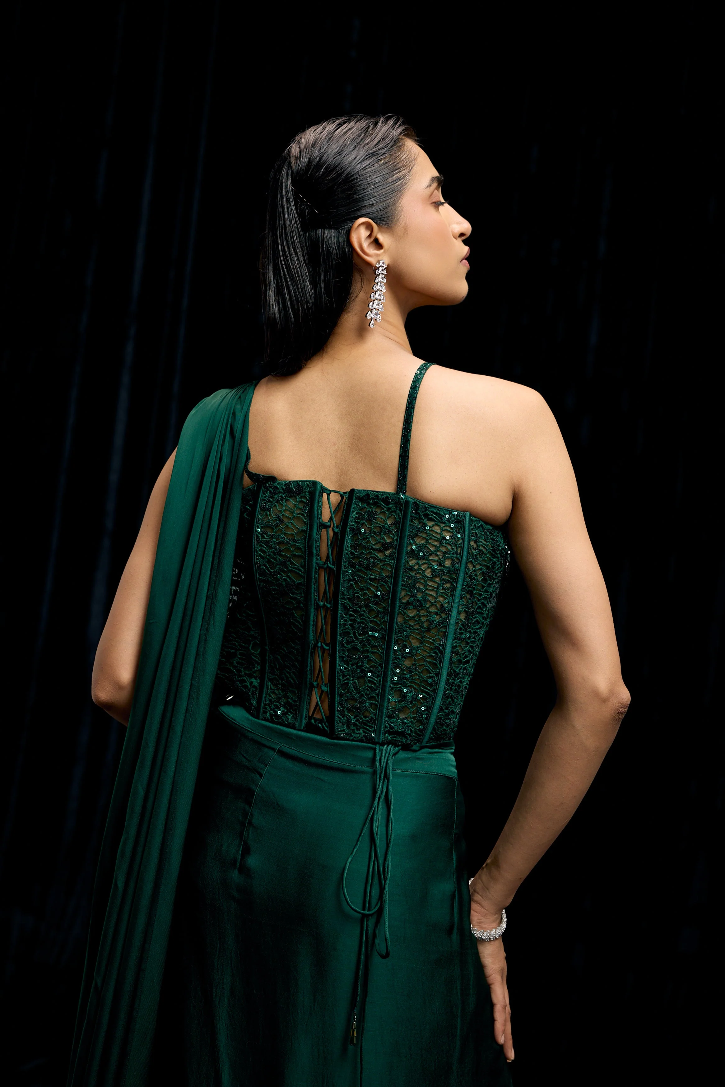 Emerald Green Embellished Satin Silk Draped Saree - Image 6