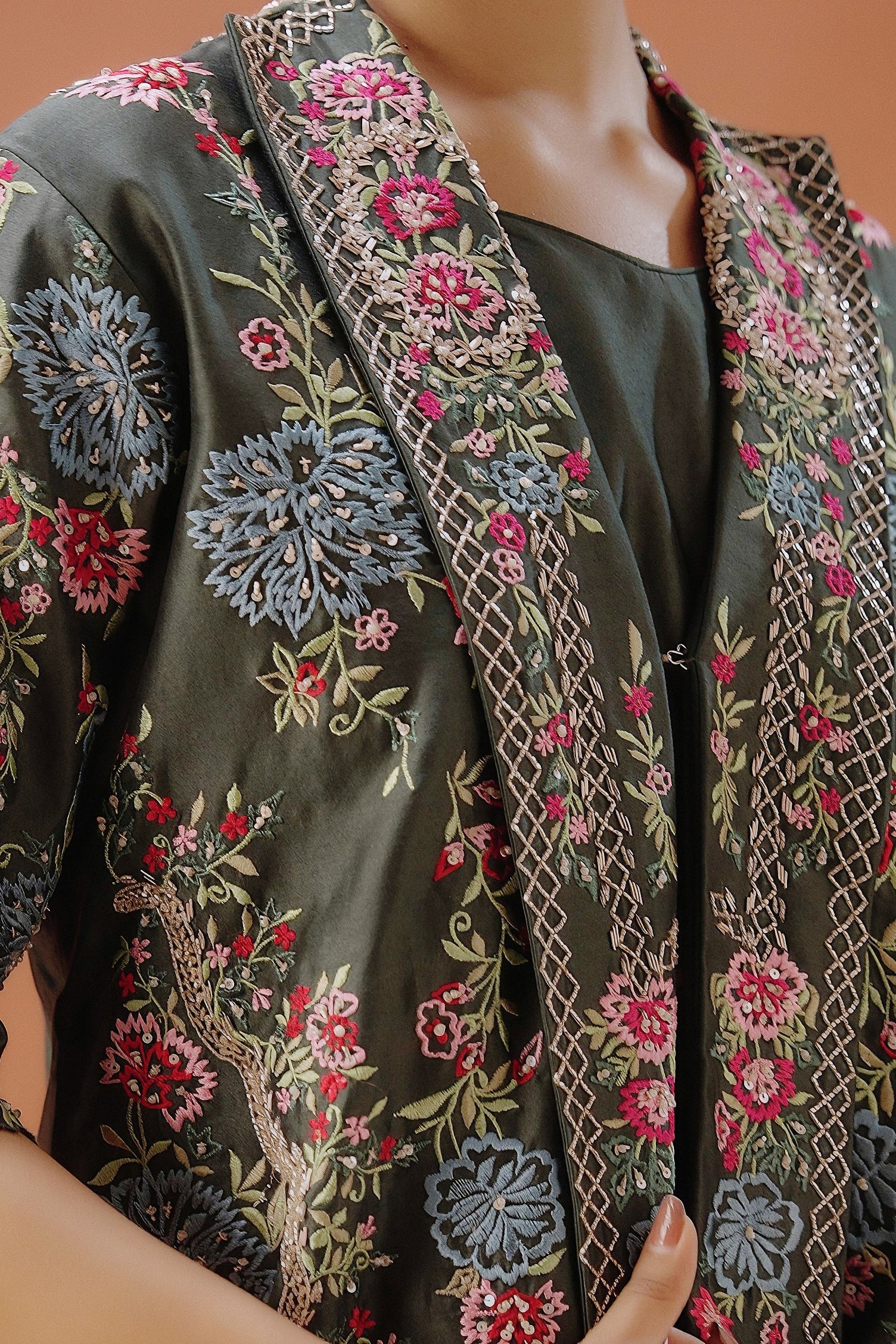 Dark Green Embellished Satin Silk Drape Skirt With Jacket - Image 2