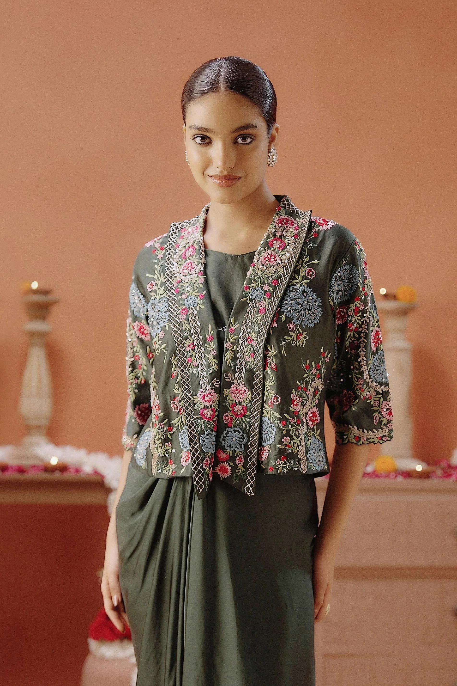 Dark Green Embellished Satin Silk Drape Skirt With Jacket - Image 5
