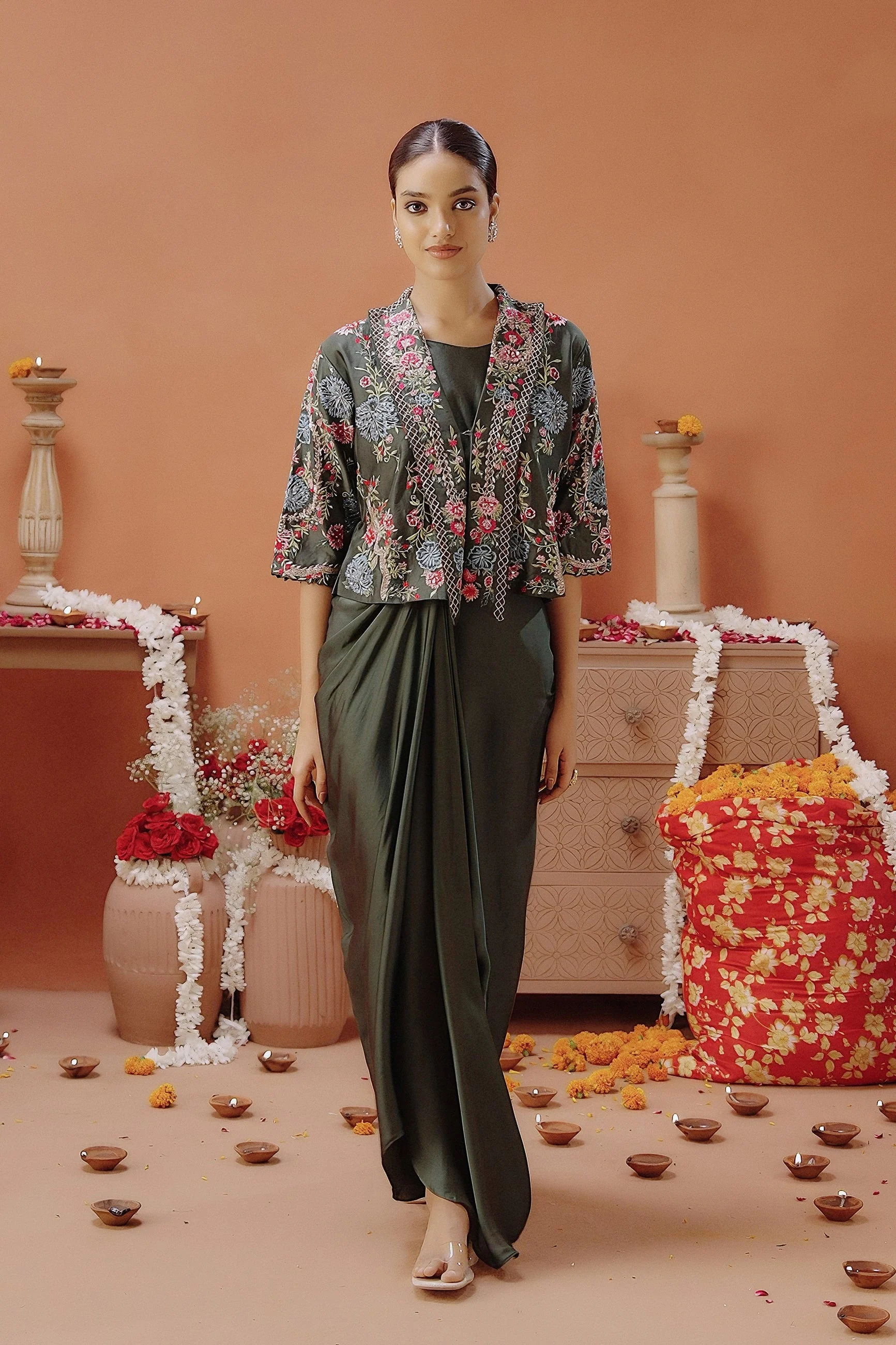 Dark Green Embellished Satin Silk Drape Skirt With Jacket - Image 6