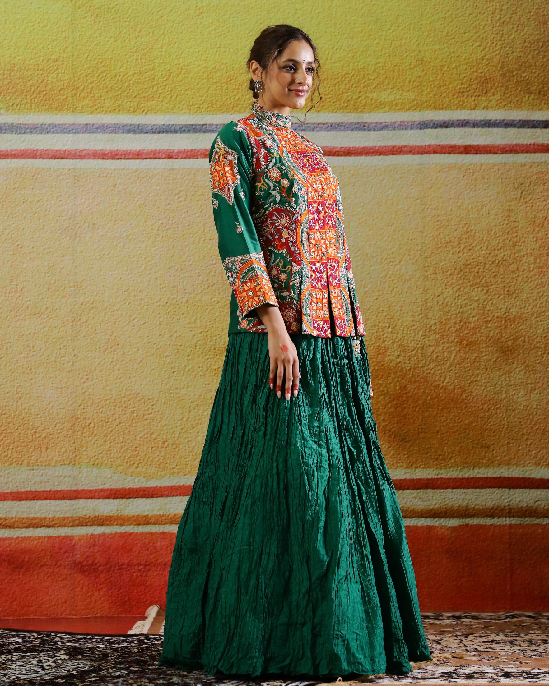 Dark Green Embroidered Raw Silk Skirt with Jacket - Image 3