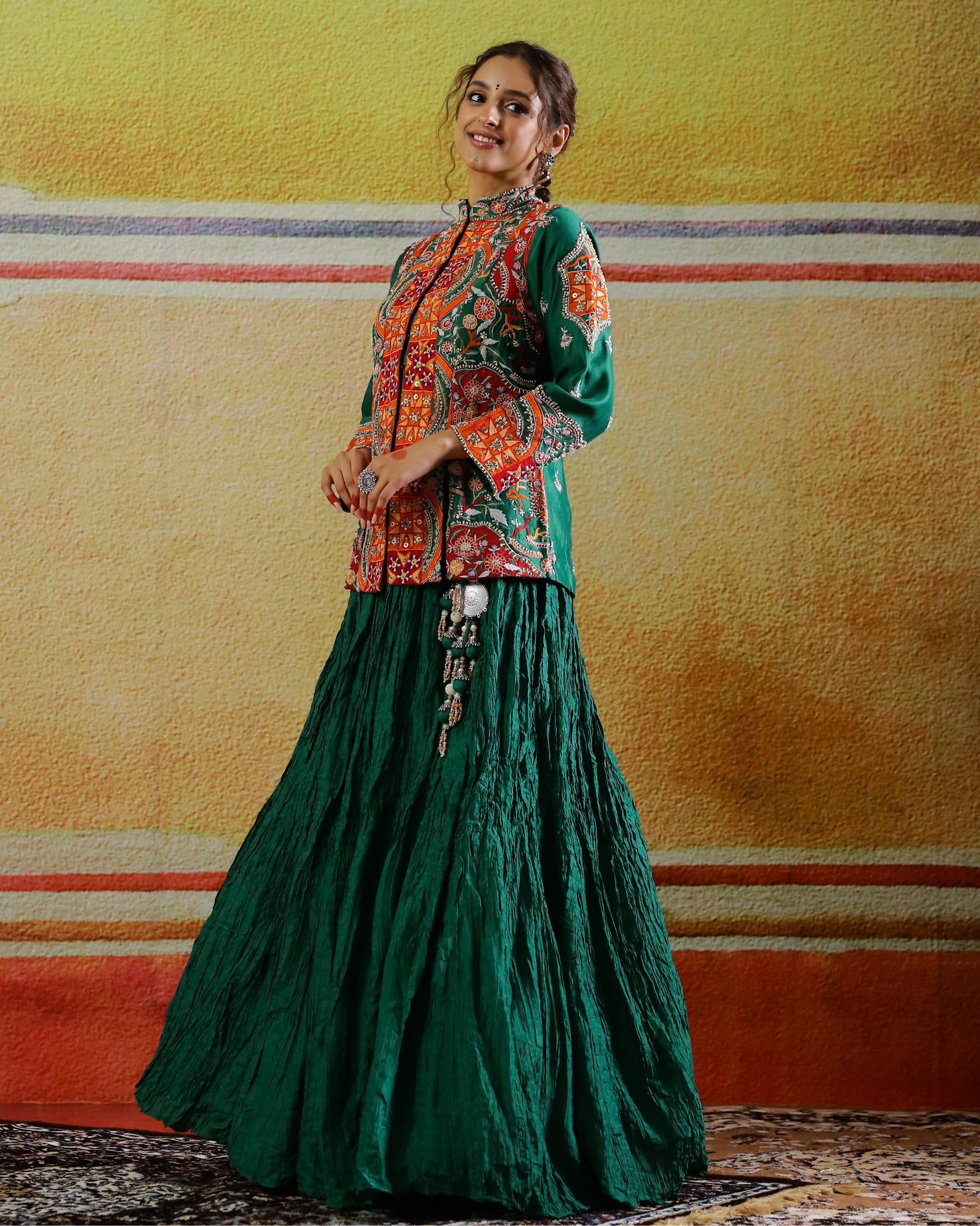 Dark Green Embroidered Raw Silk Skirt with Jacket - Image 4