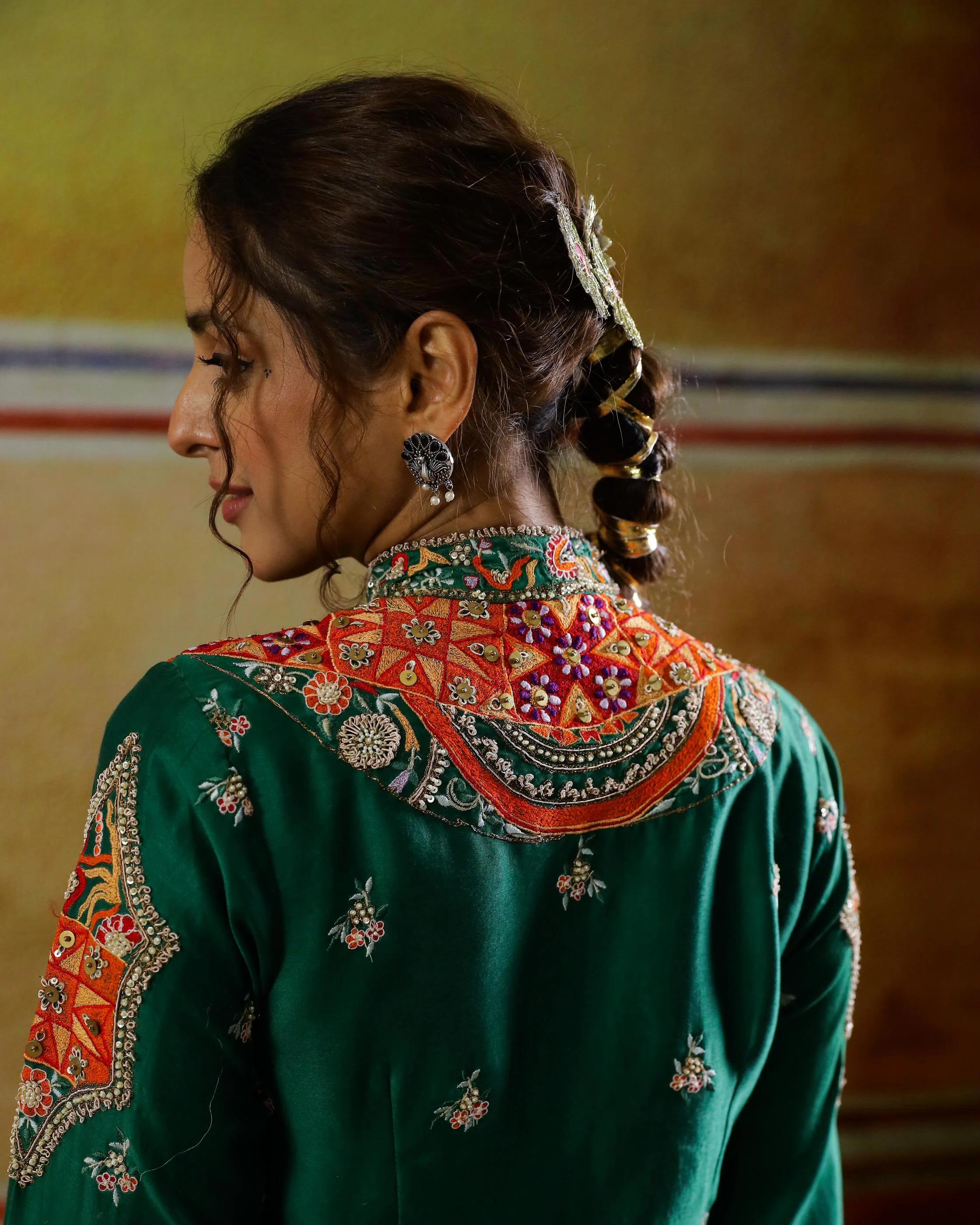 Dark Green Embroidered Raw Silk Skirt with Jacket - Image 5