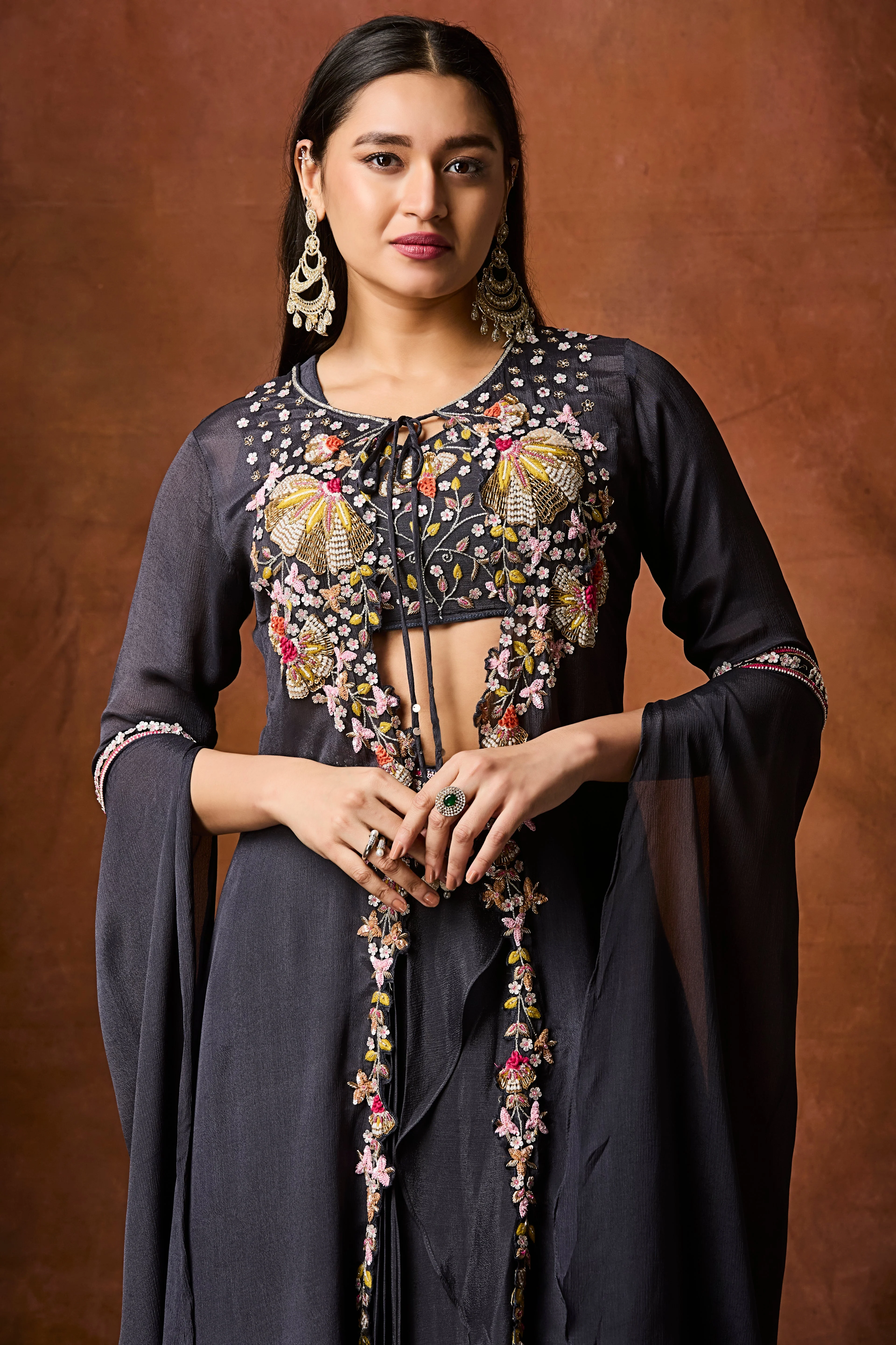 Dark Grey Embellished Chinon Silk Drape Skirt Set - Image 2