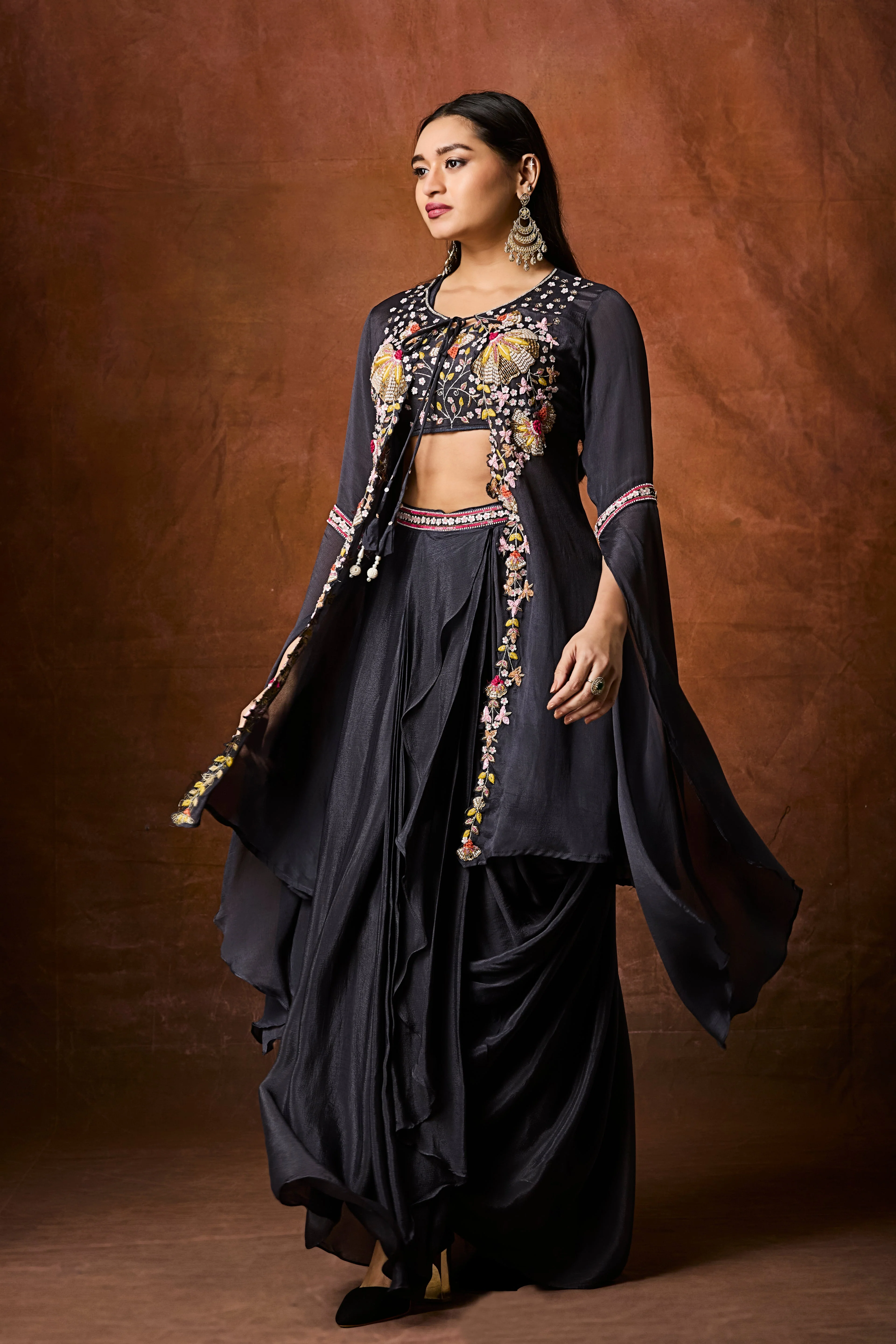 Dark Grey Embellished Chinon Silk Drape Skirt Set - Image 3
