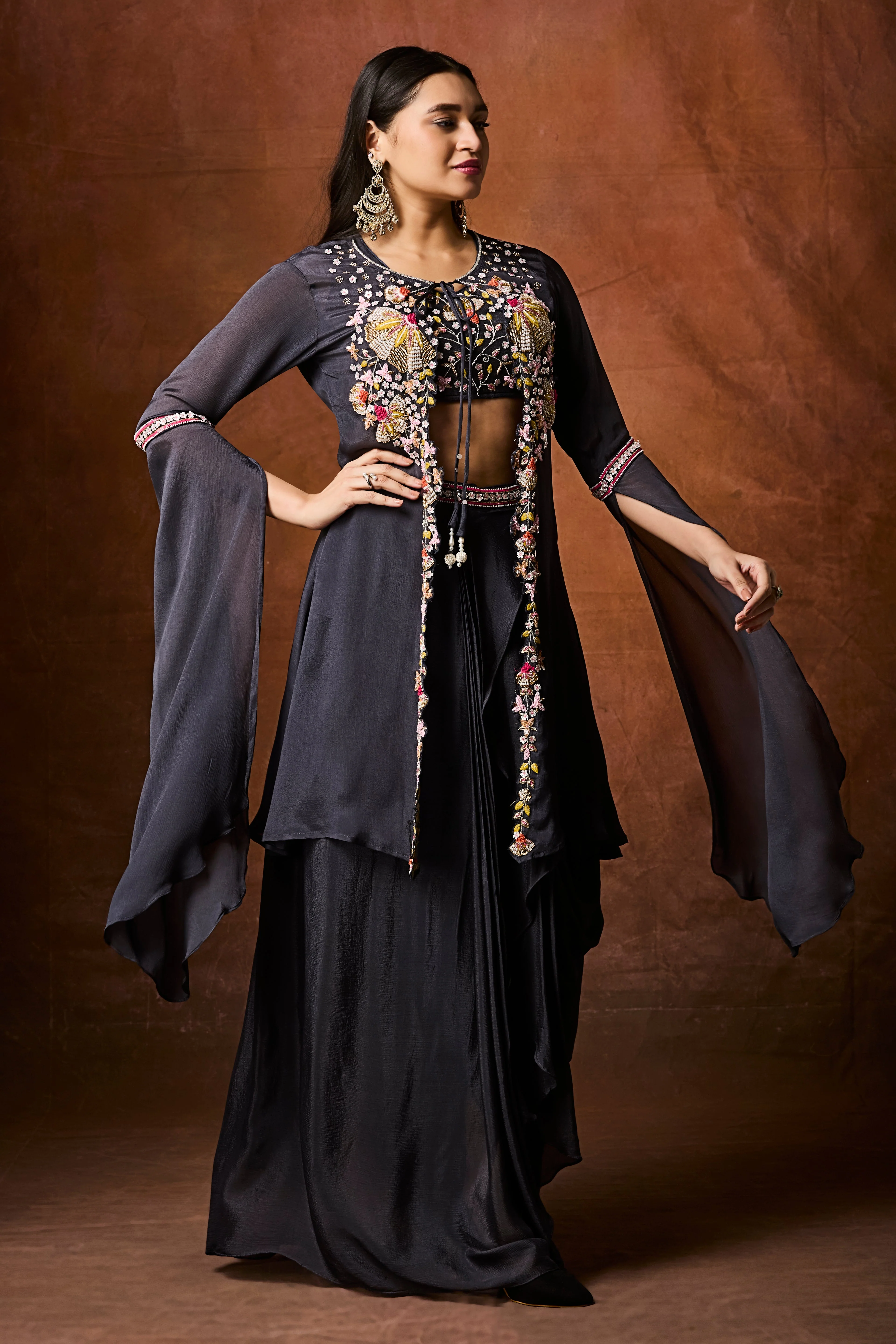 Dark Grey Embellished Chinon Silk Drape Skirt Set - Image 4