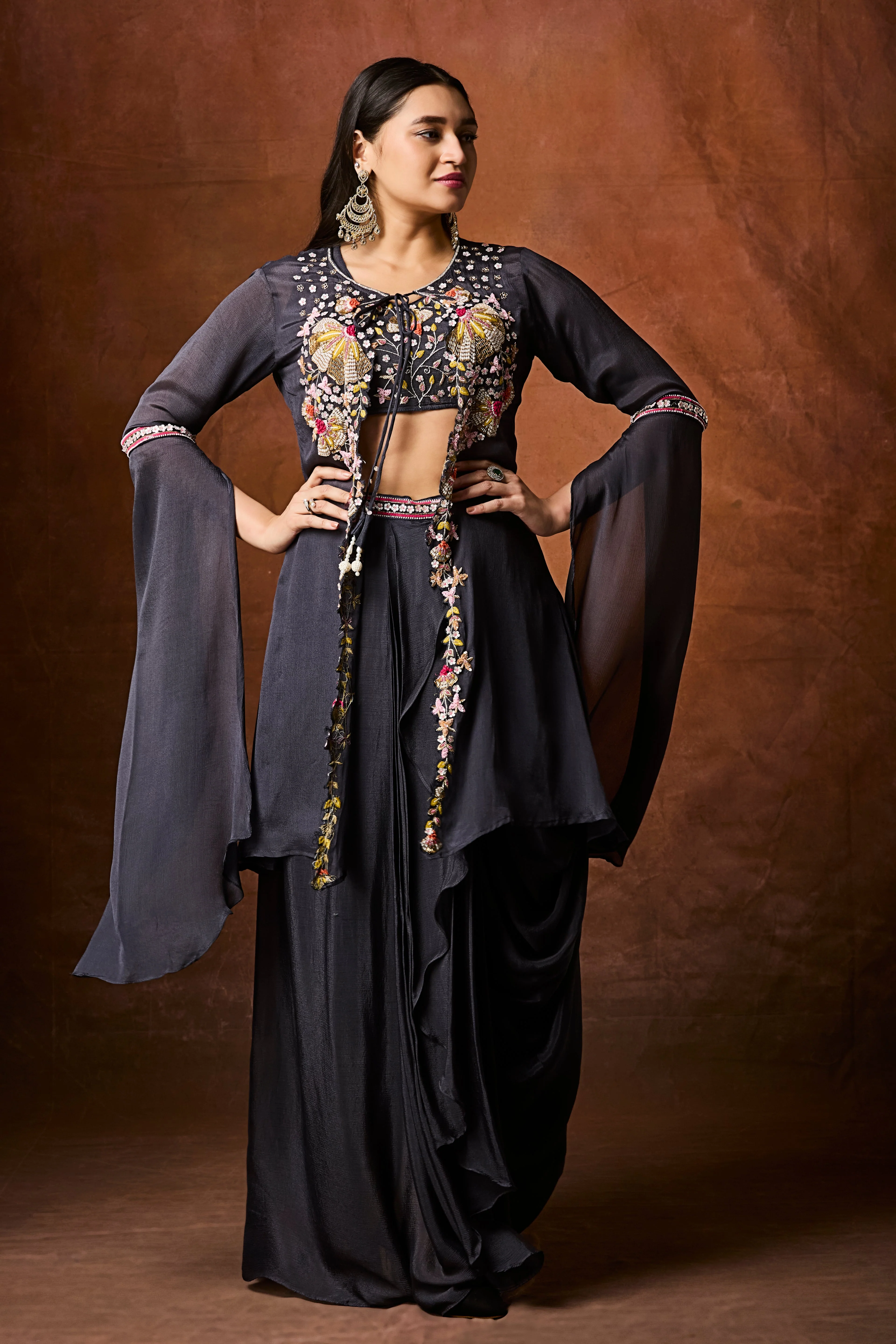 Dark Grey Embellished Chinon Silk Drape Skirt Set - Image 5
