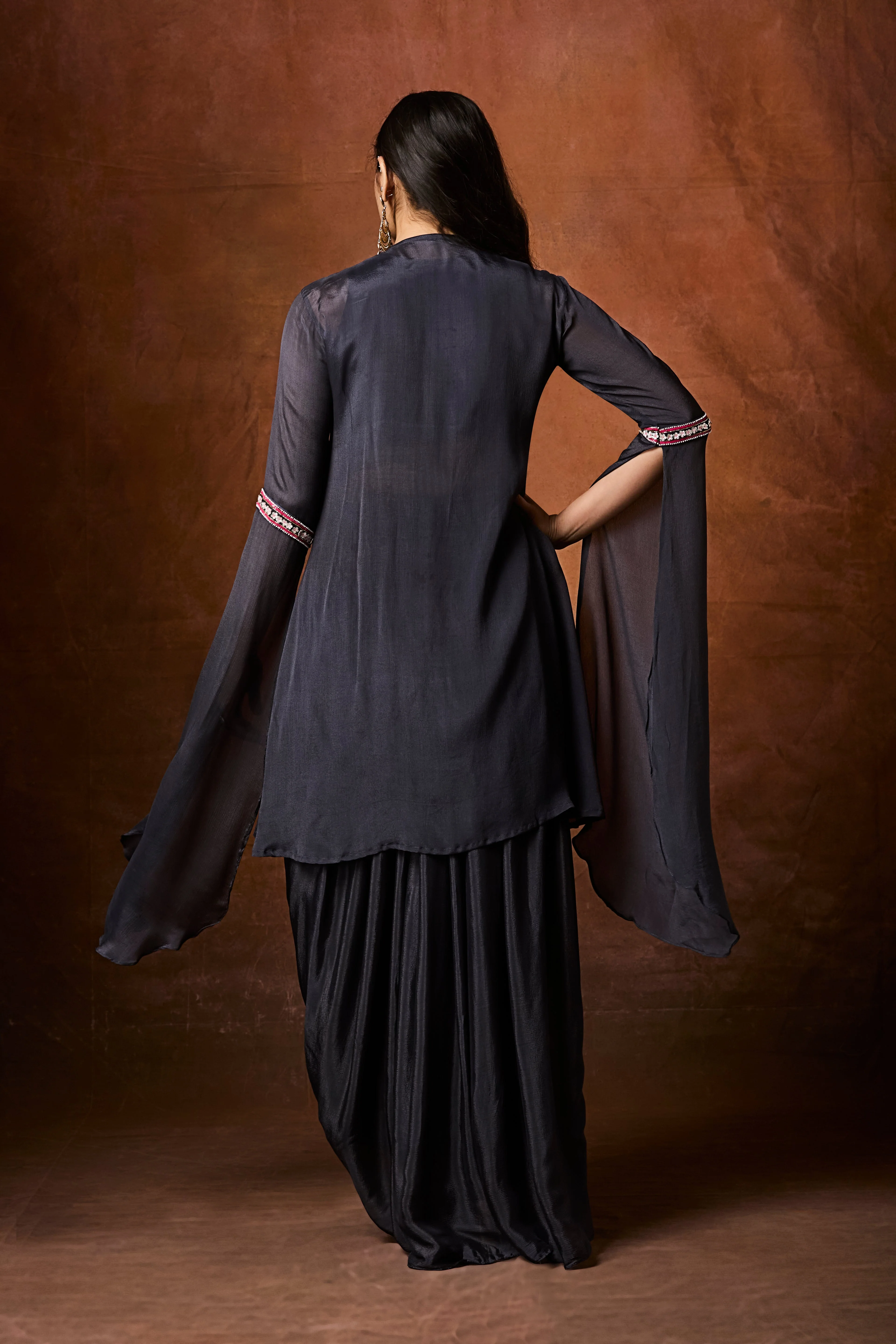 Dark Grey Embellished Chinon Silk Drape Skirt Set - Image 6