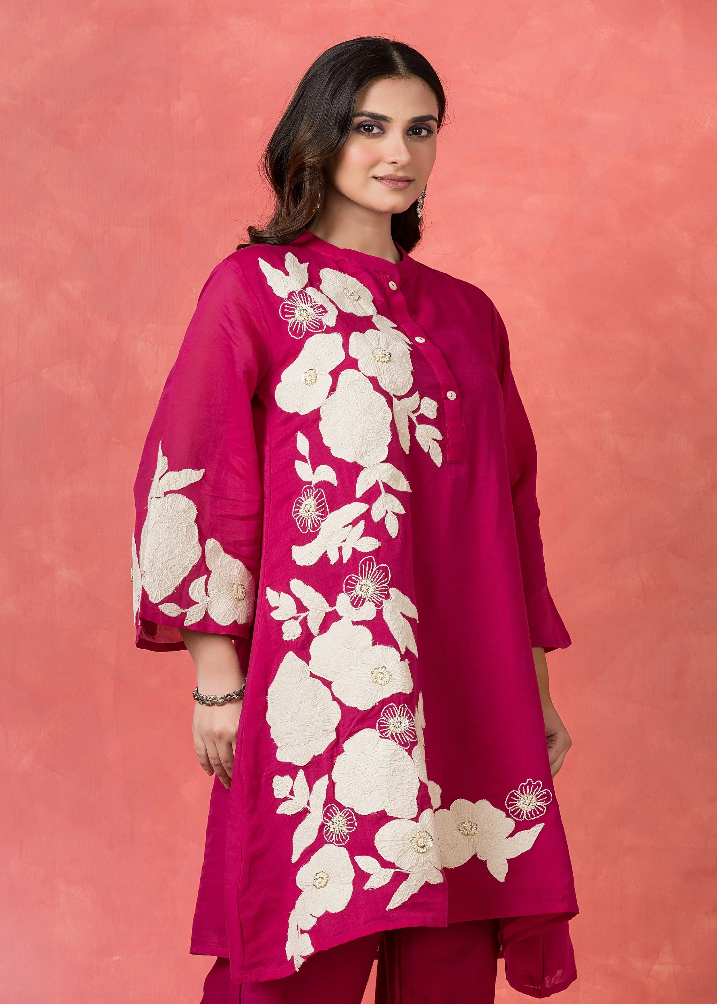 Dark Hot Pink Embroidered Mul Chanderi Co-Ord Set - Image 2