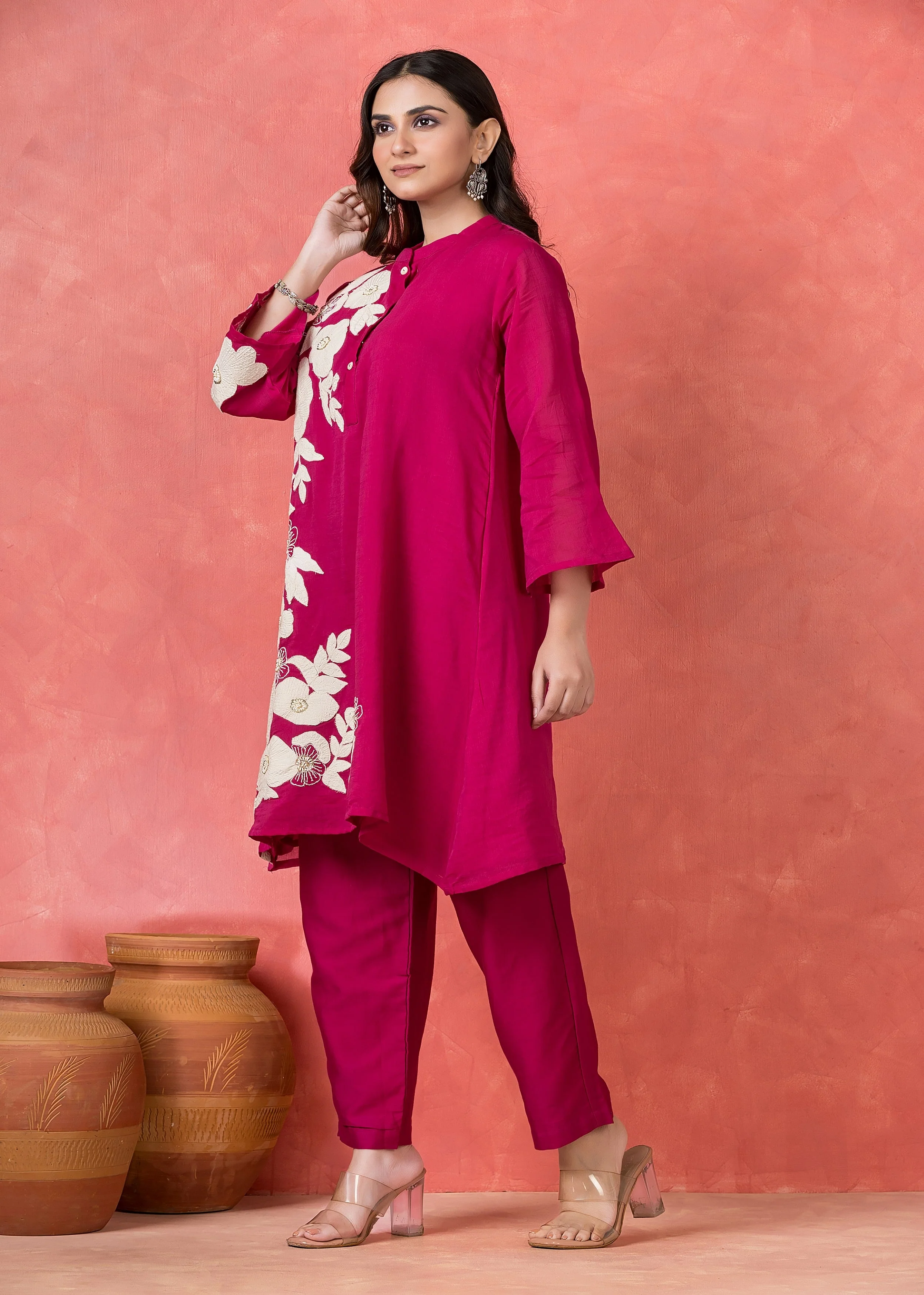 Dark Hot Pink Embroidered Mul Chanderi Co-Ord Set - Image 3