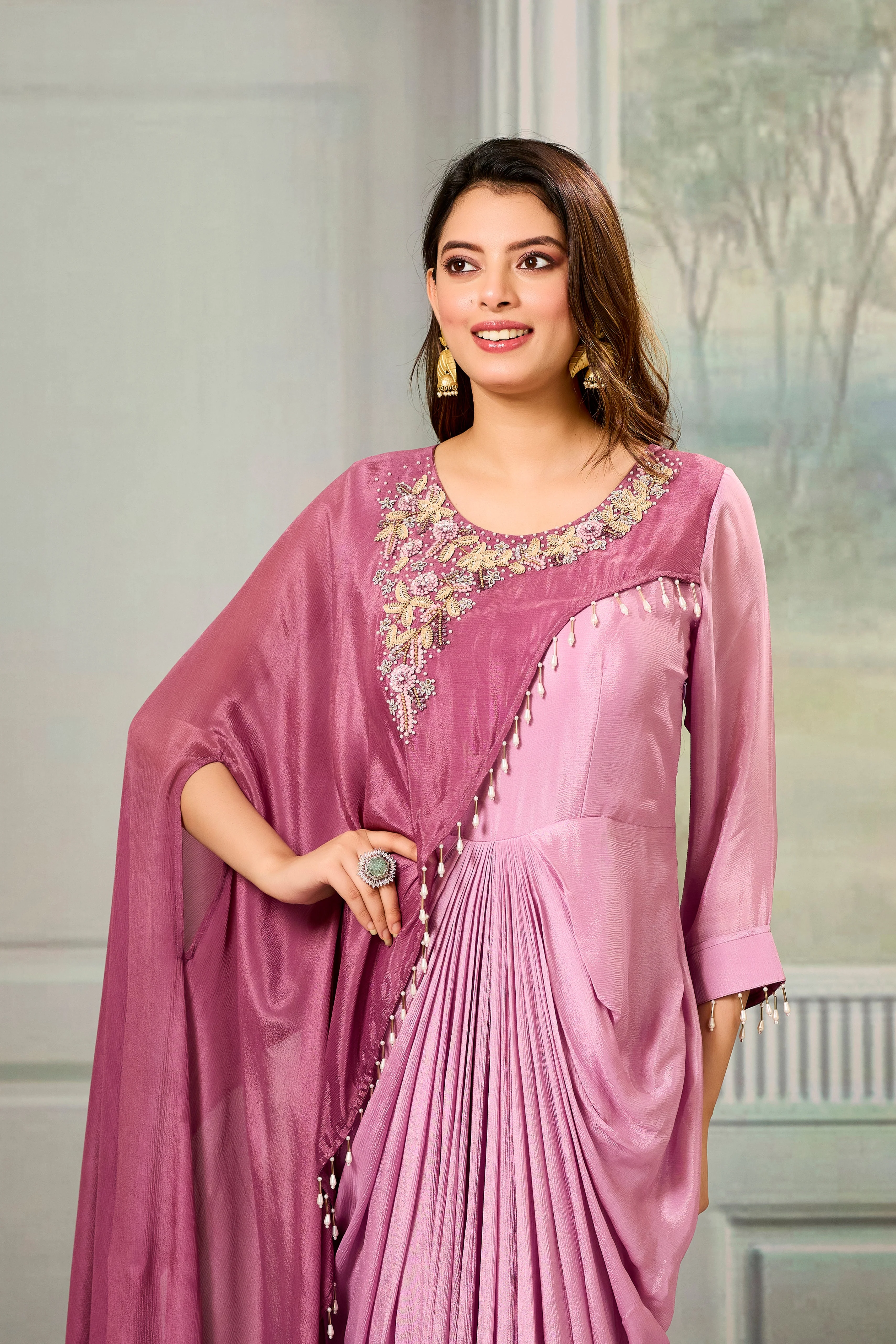 Dark-Light Mauve Embellished Chinon Silk Gown - Image 2