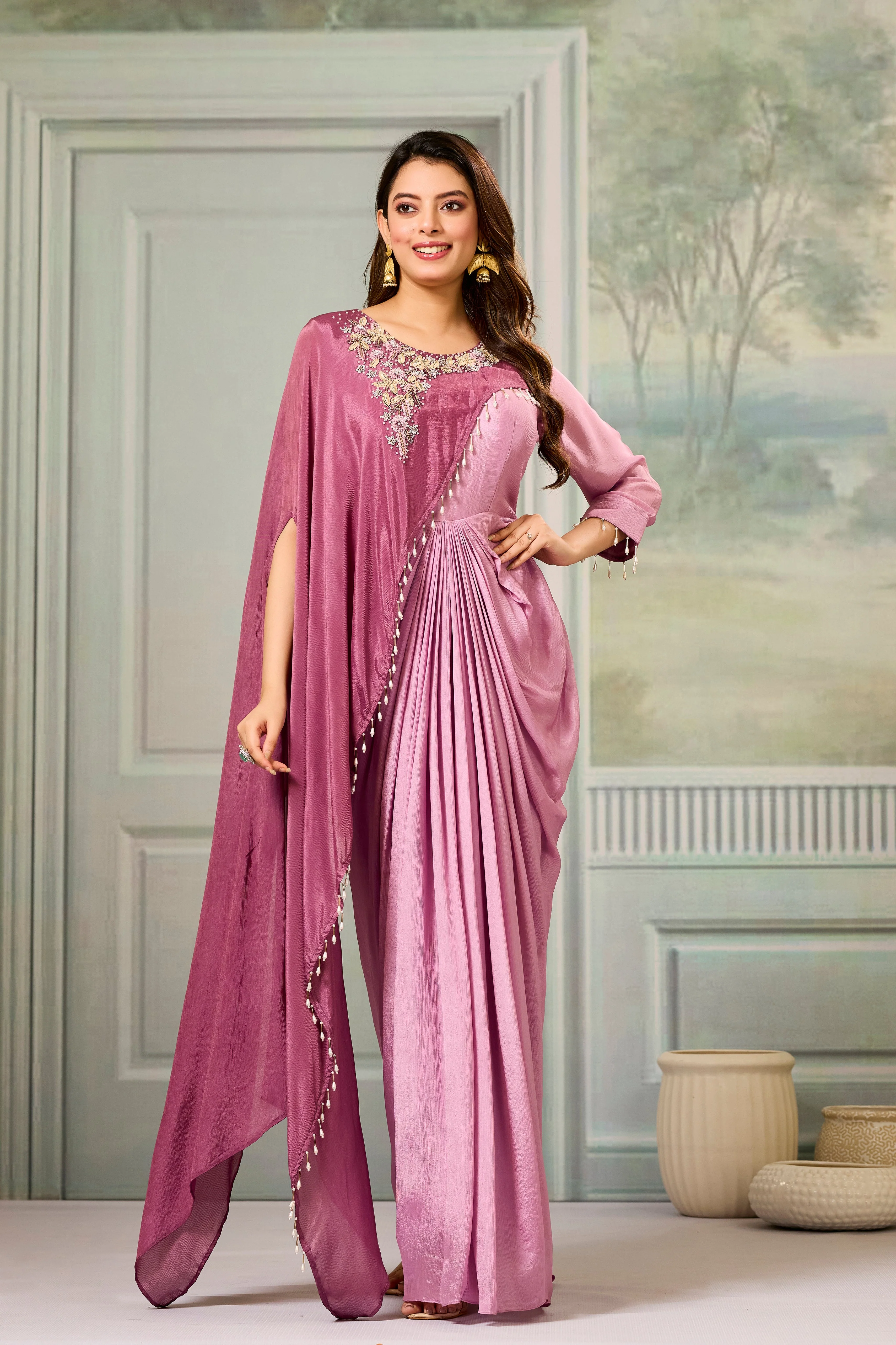 Dark-Light Mauve Embellished Chinon Silk Gown - Image 3