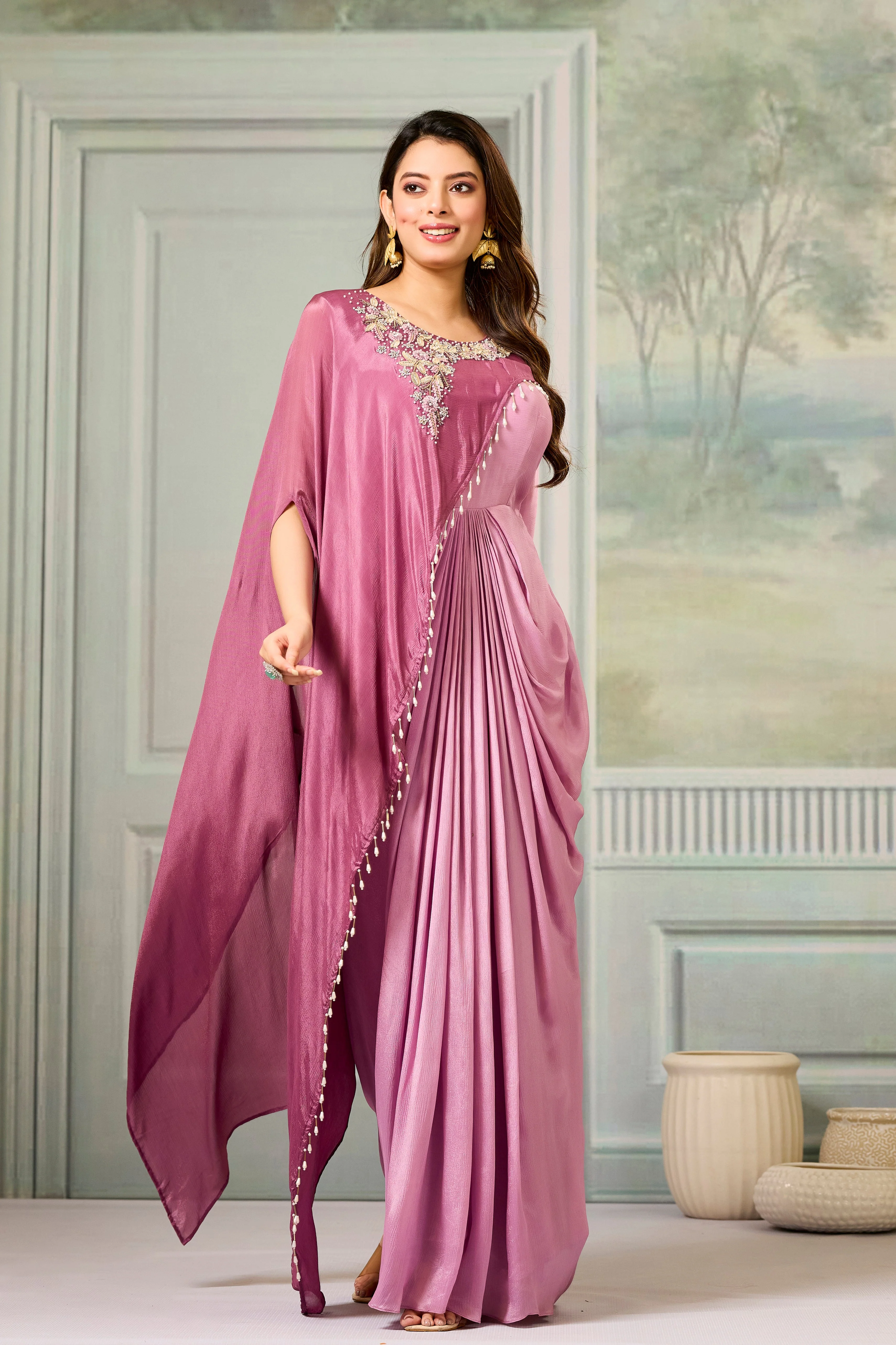 Dark-Light Mauve Embellished Chinon Silk Gown - Image 4