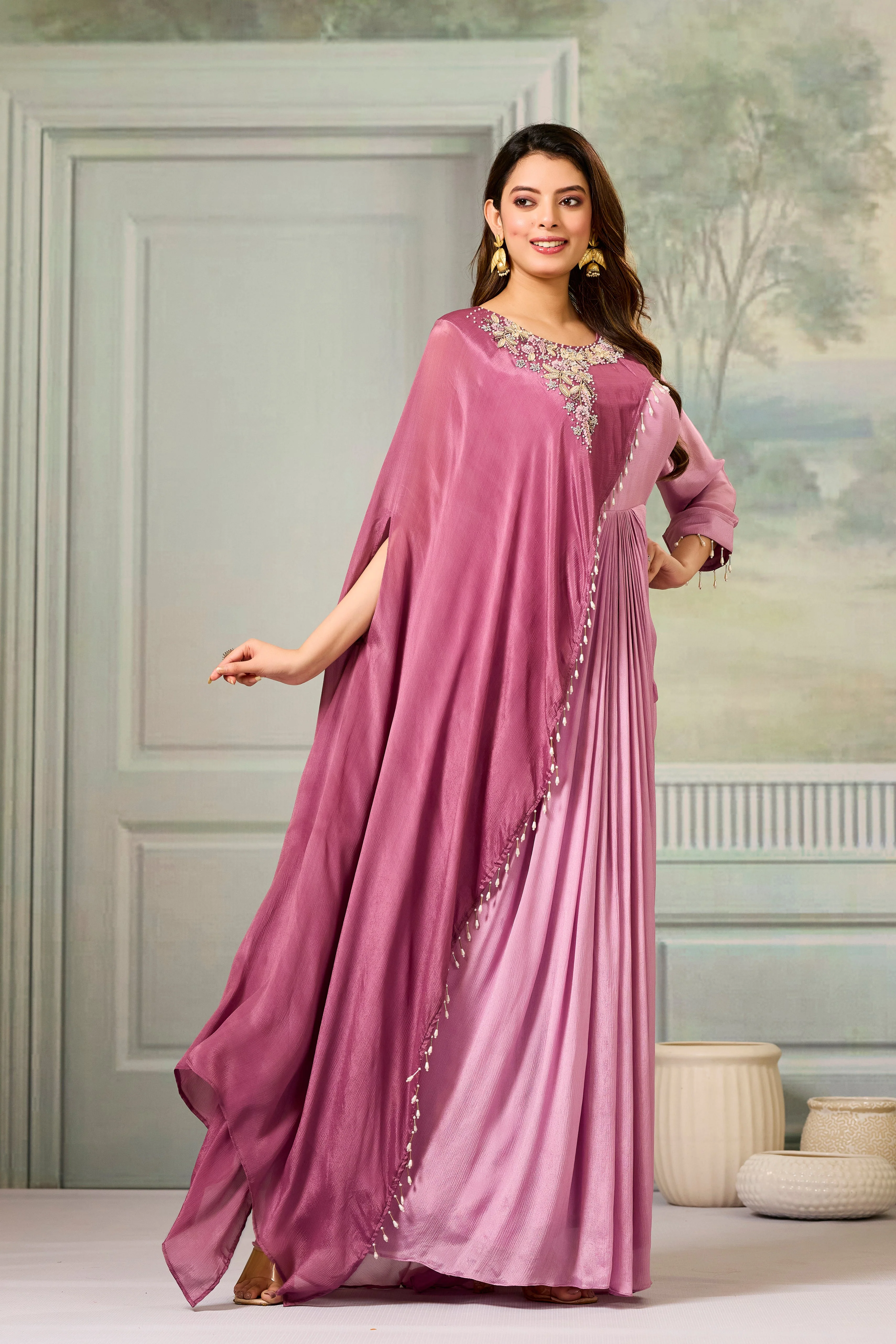 Dark-Light Mauve Embellished Chinon Silk Gown - Image 5