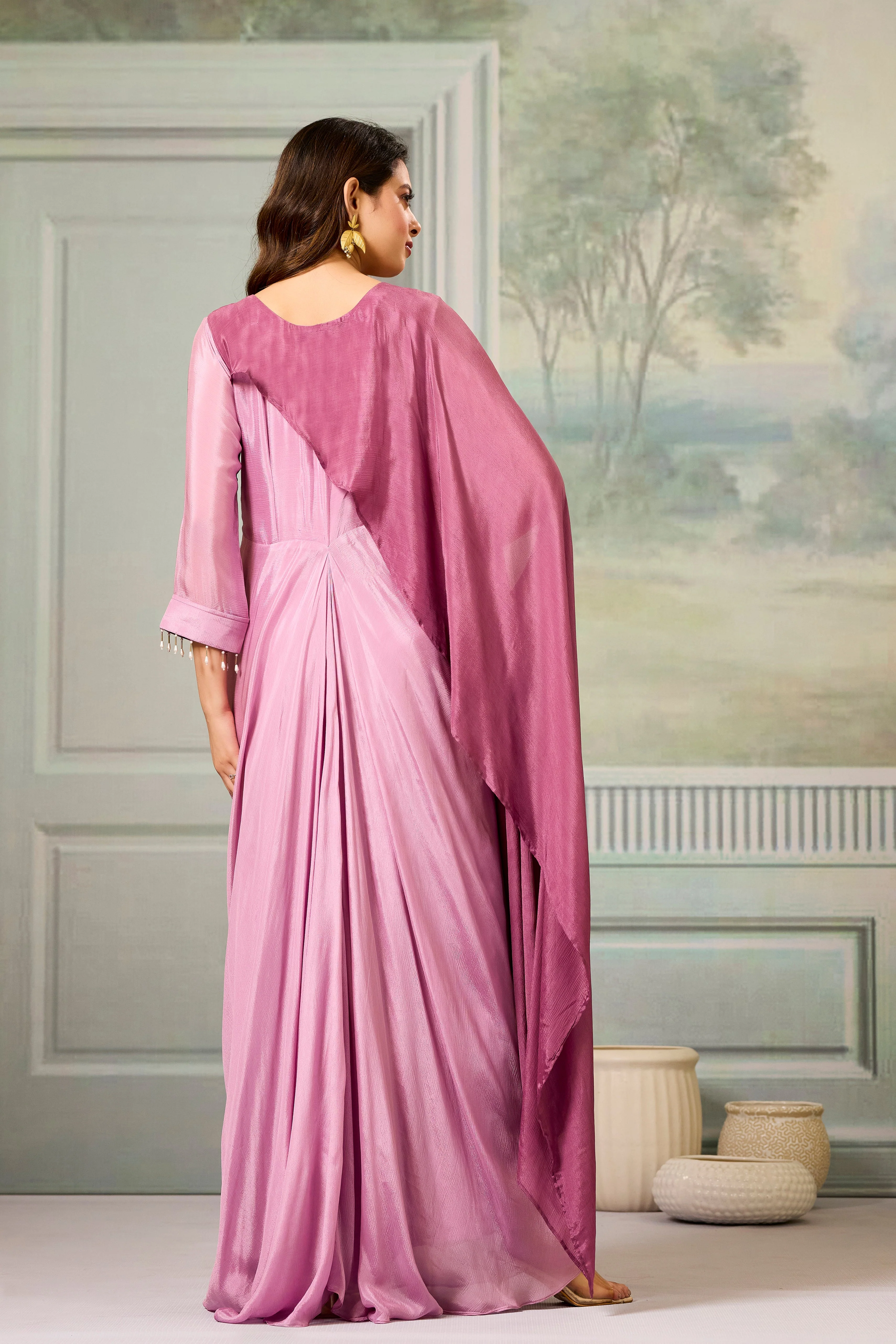 Dark-Light Mauve Embellished Chinon Silk Gown - Image 6