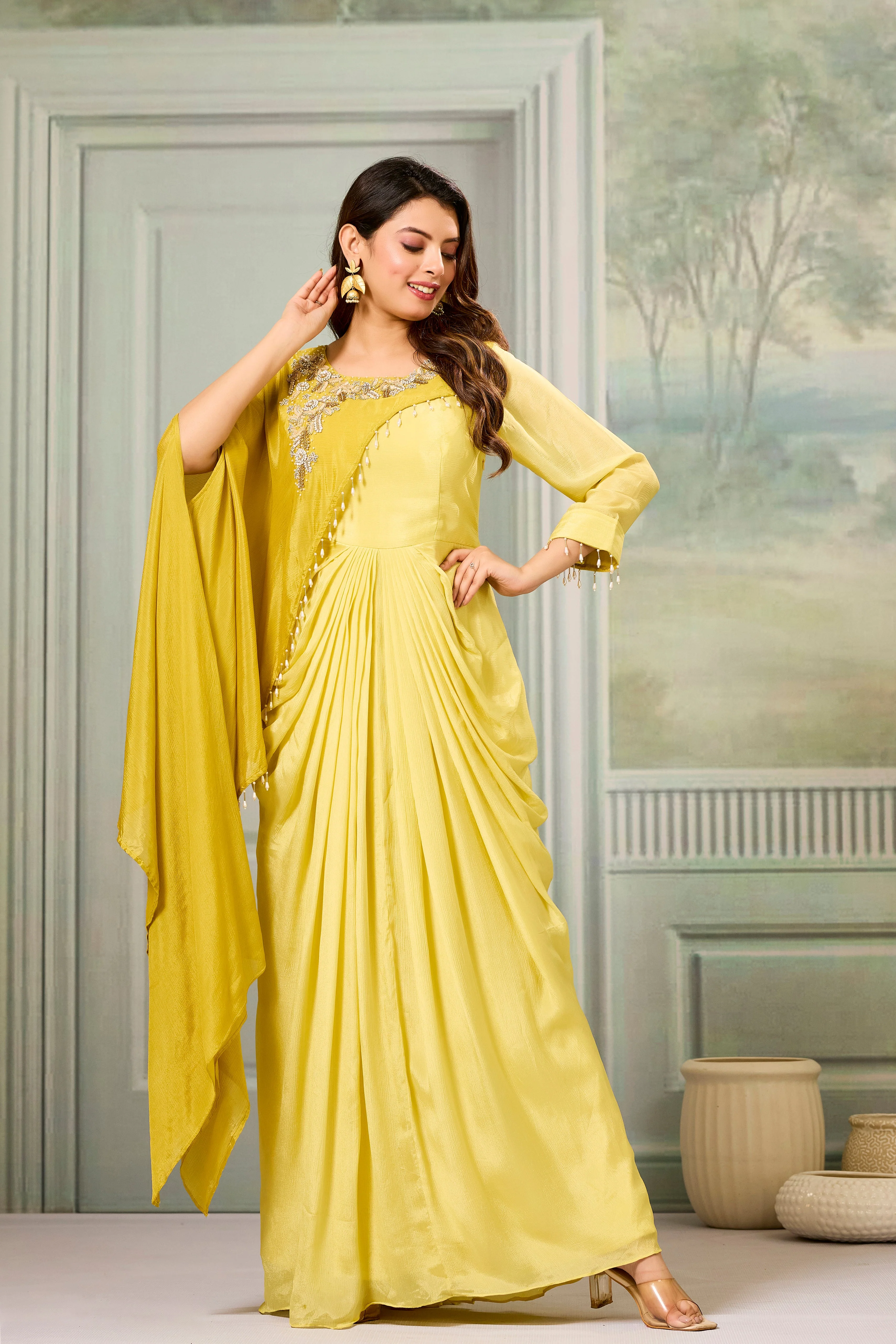 Dark-Light Yellow Embellished Chinon Silk Gown - Image 3