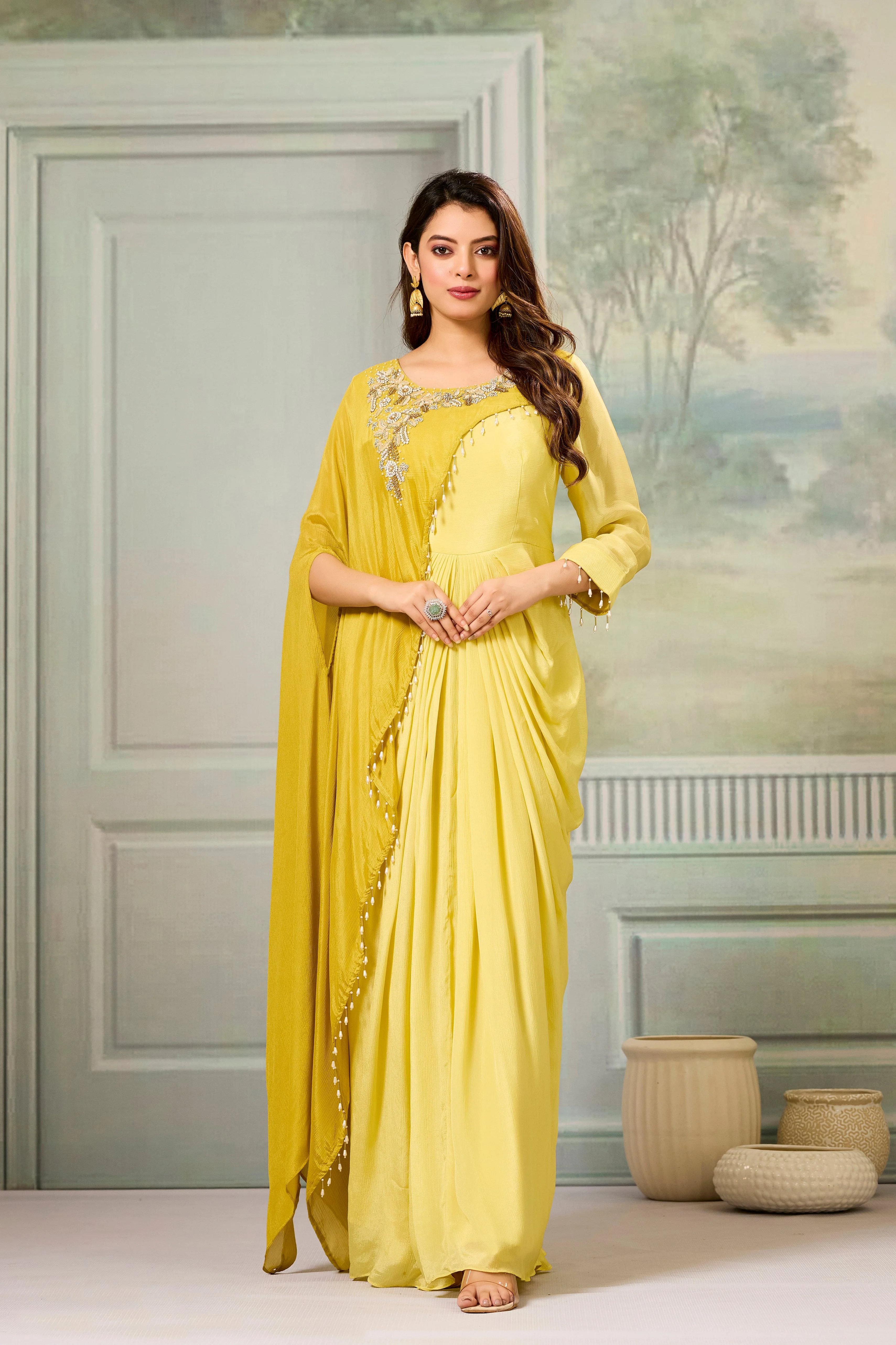 Dark-Light Yellow Embellished Chinon Silk Gown - Image 4
